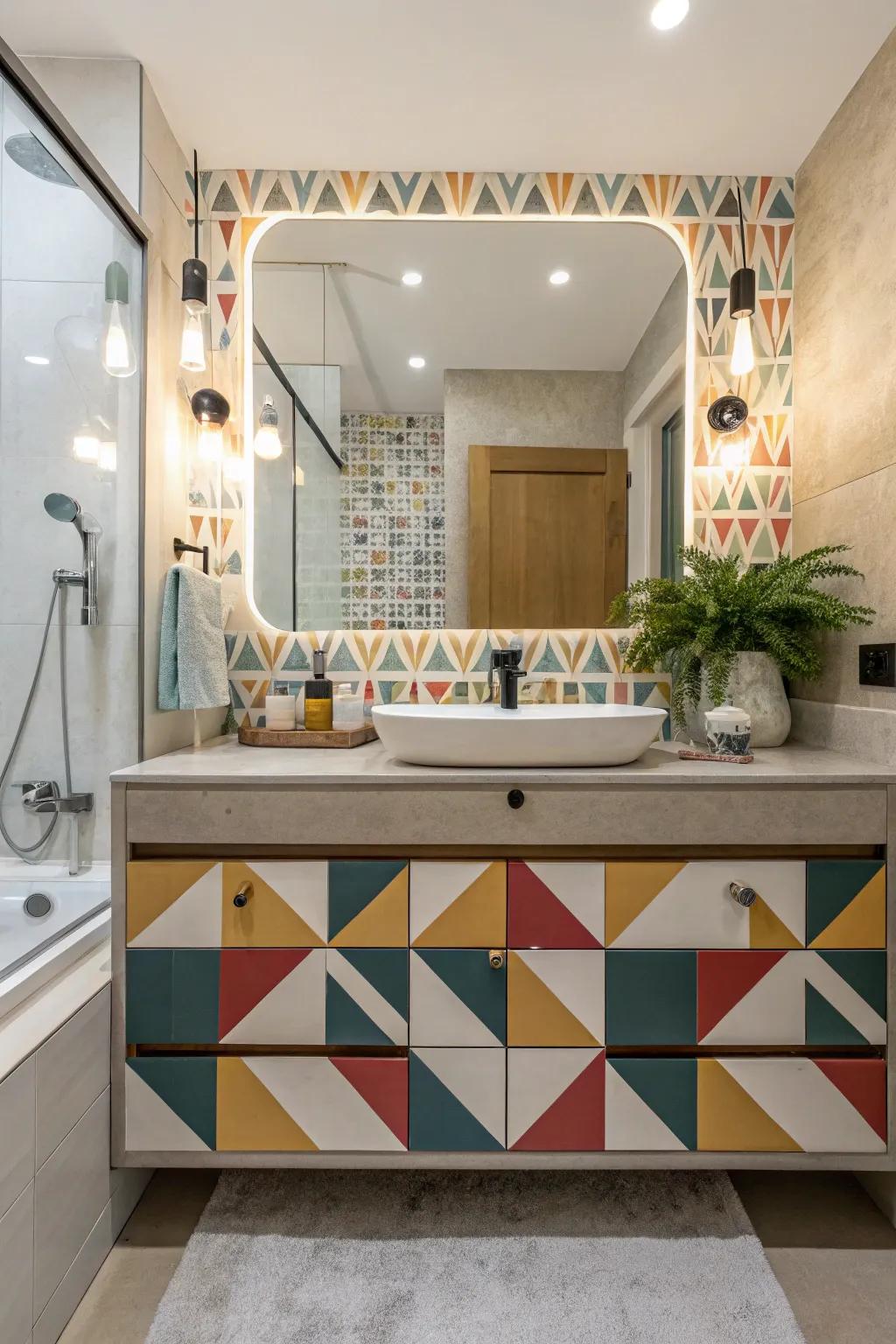 A modern bathroom vanity with geometric patterns for a playful and engaging look.