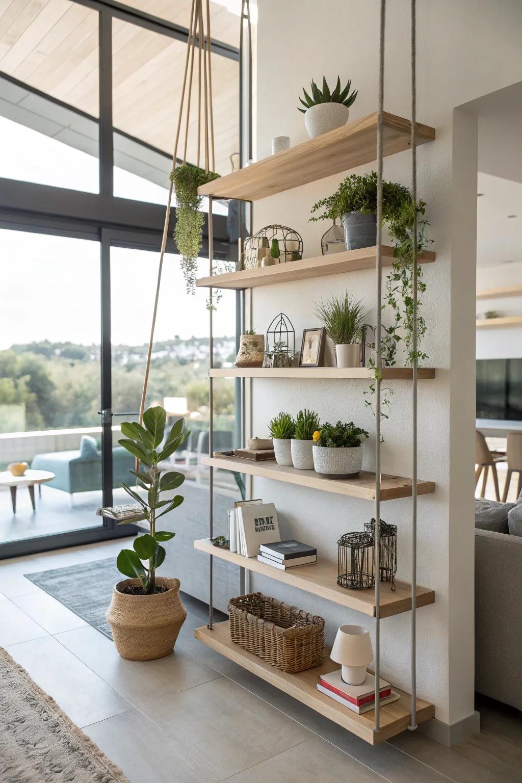 A partition with suspended shelves for a light, airy feel.