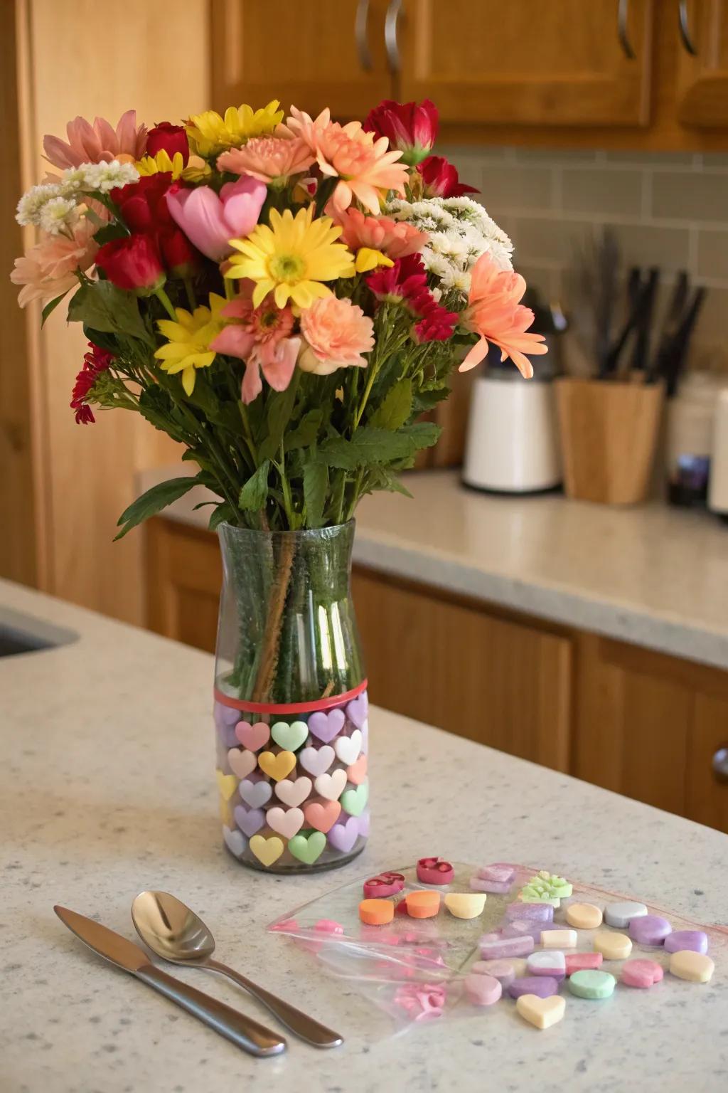 Playful arrangement with a candy heart spin.