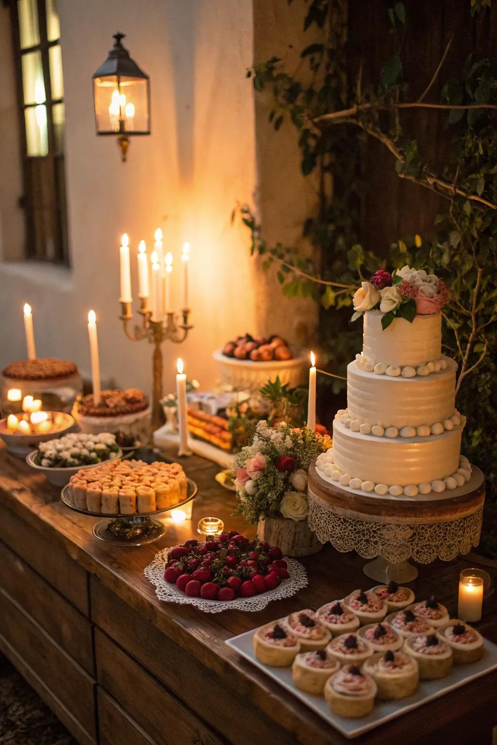 Irresistible dessert table with candlelight.