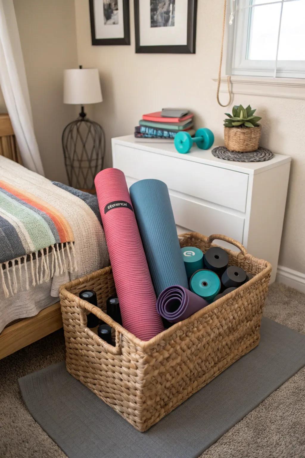 A basket for workout equipment is great for the fit.