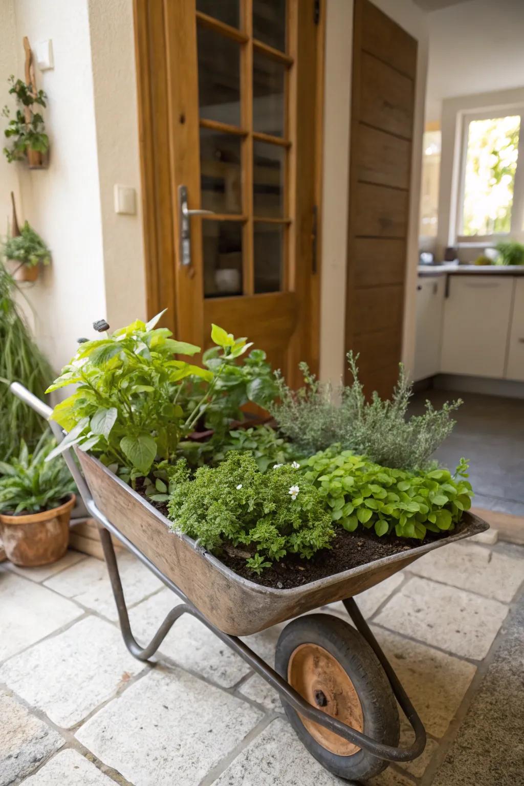 A convenient and aromatic herb garden in a wheelbarrow.