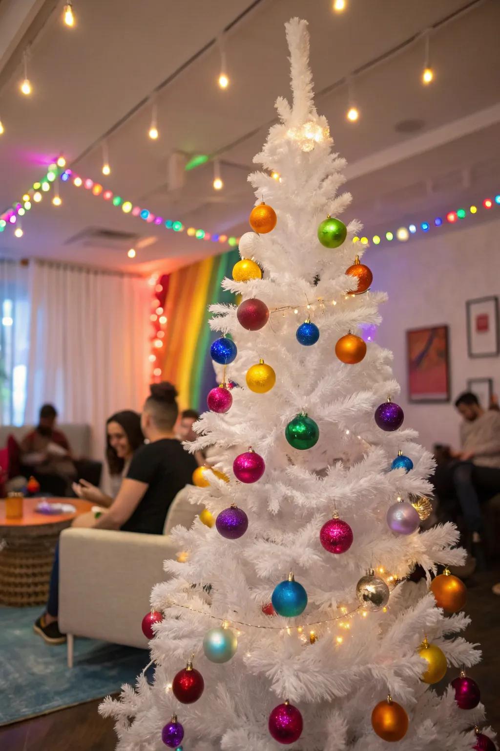 Sportive rainbow hues on a white Christmas tree.