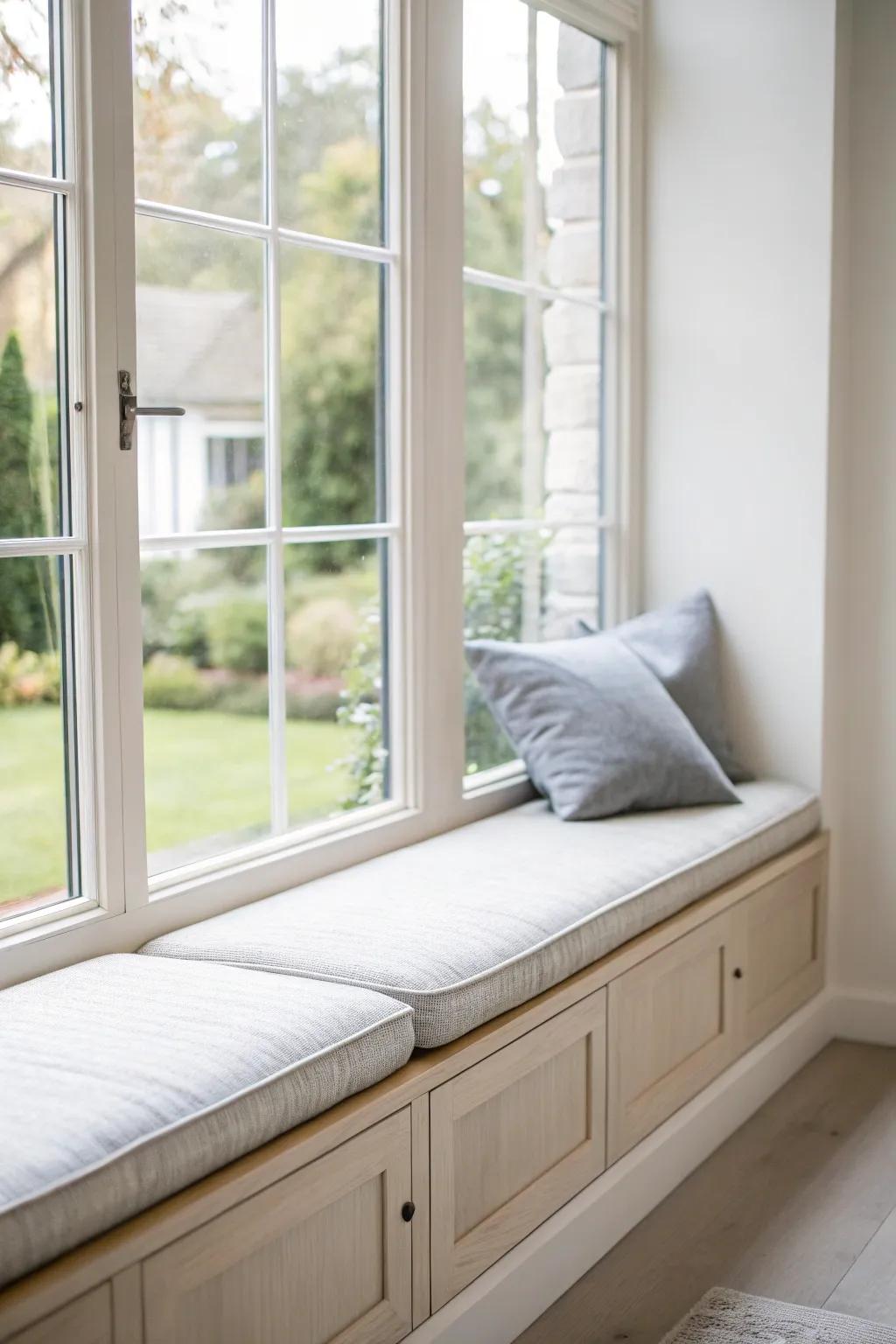 A minimalist window seat with clean lines and a serene color palette.