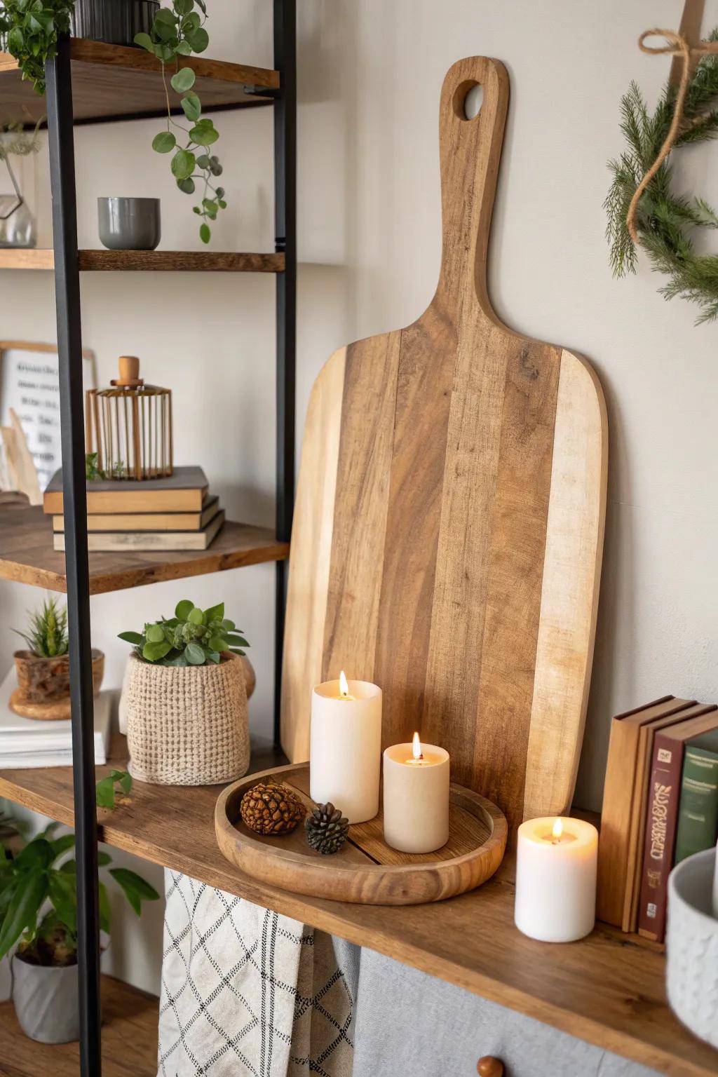 Enhance your shelf decor with a wooden board backdrop.