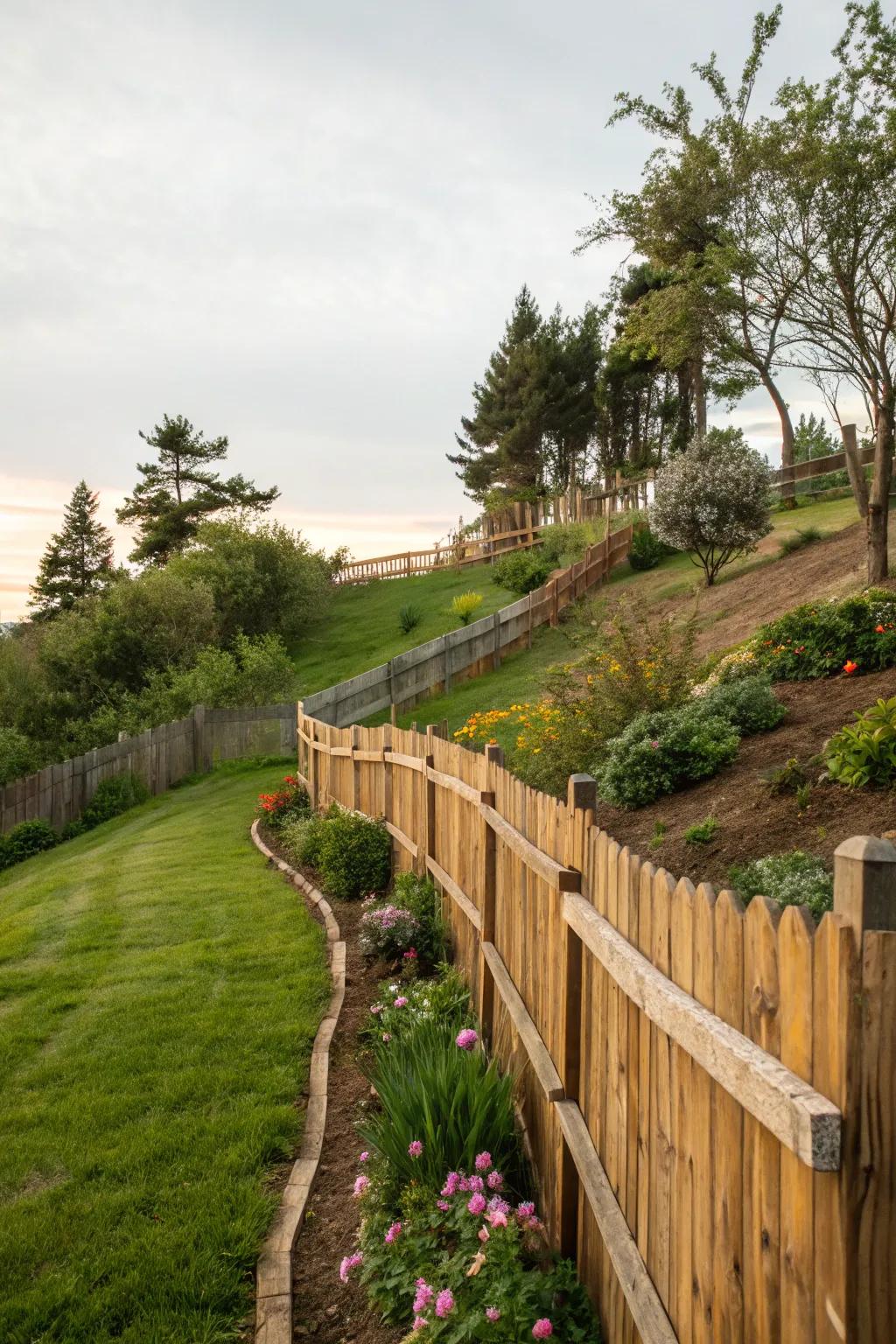 Sloped landscape fences embrace natural contours.