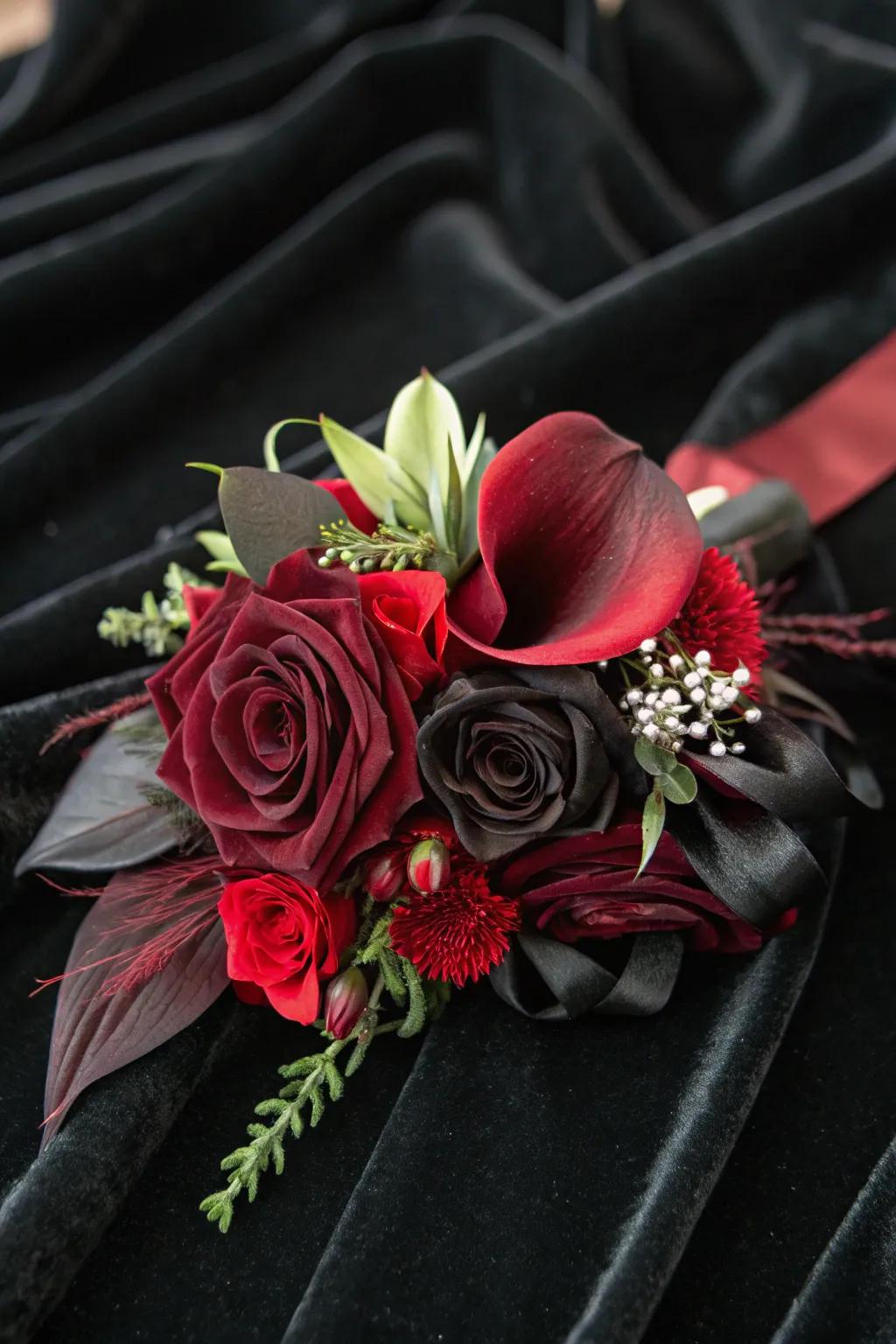 Dramatic wrist corsage with gothic glam style.