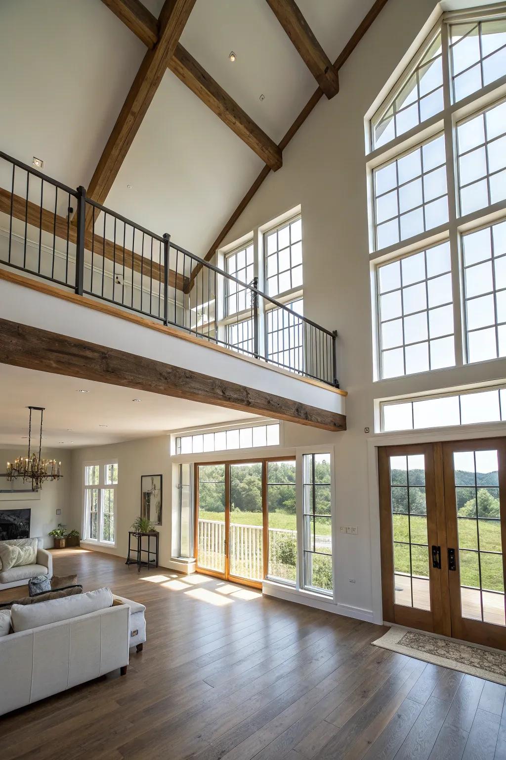 A loft or mezzanine offers additional living space and perspective.