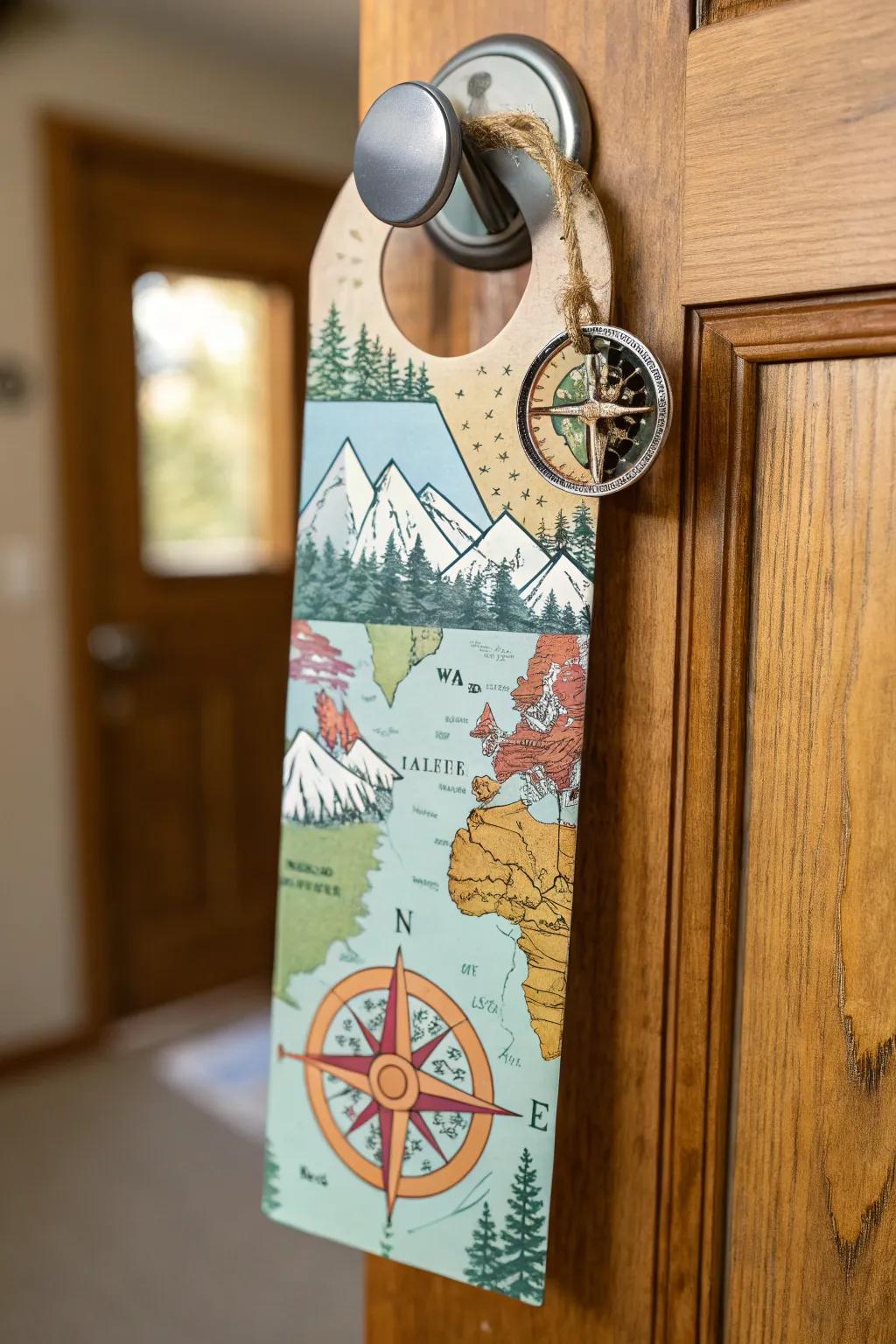 An inspiring adventure-themed door adornment primed for exploration.