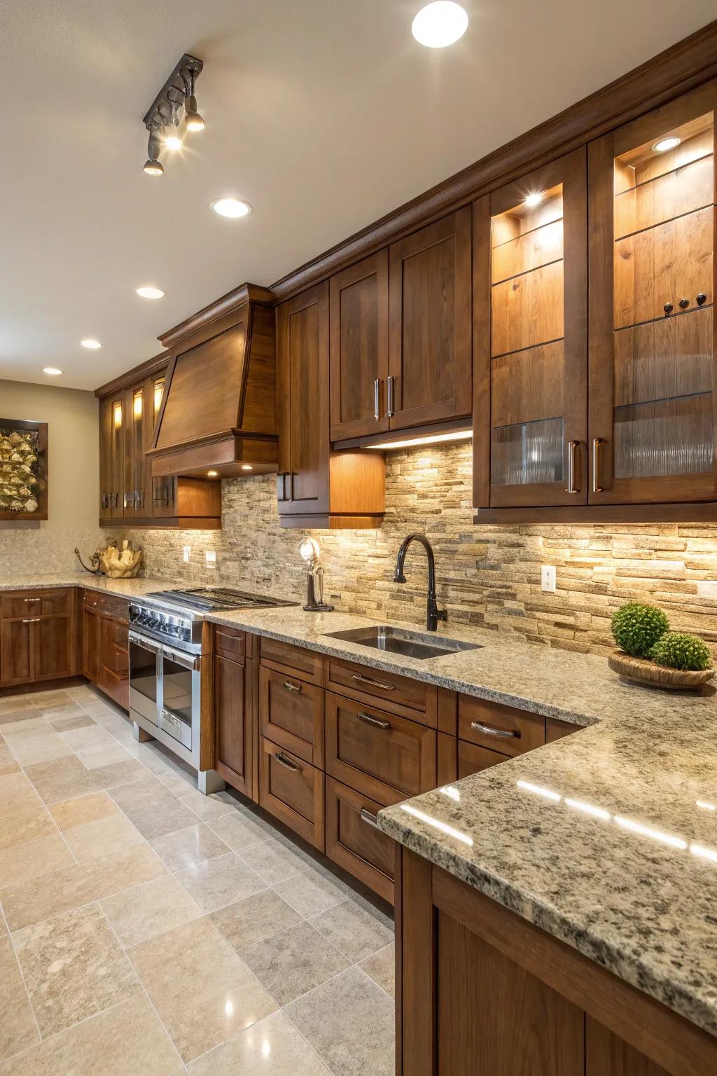 Wood accents add warmth to granite countertops.