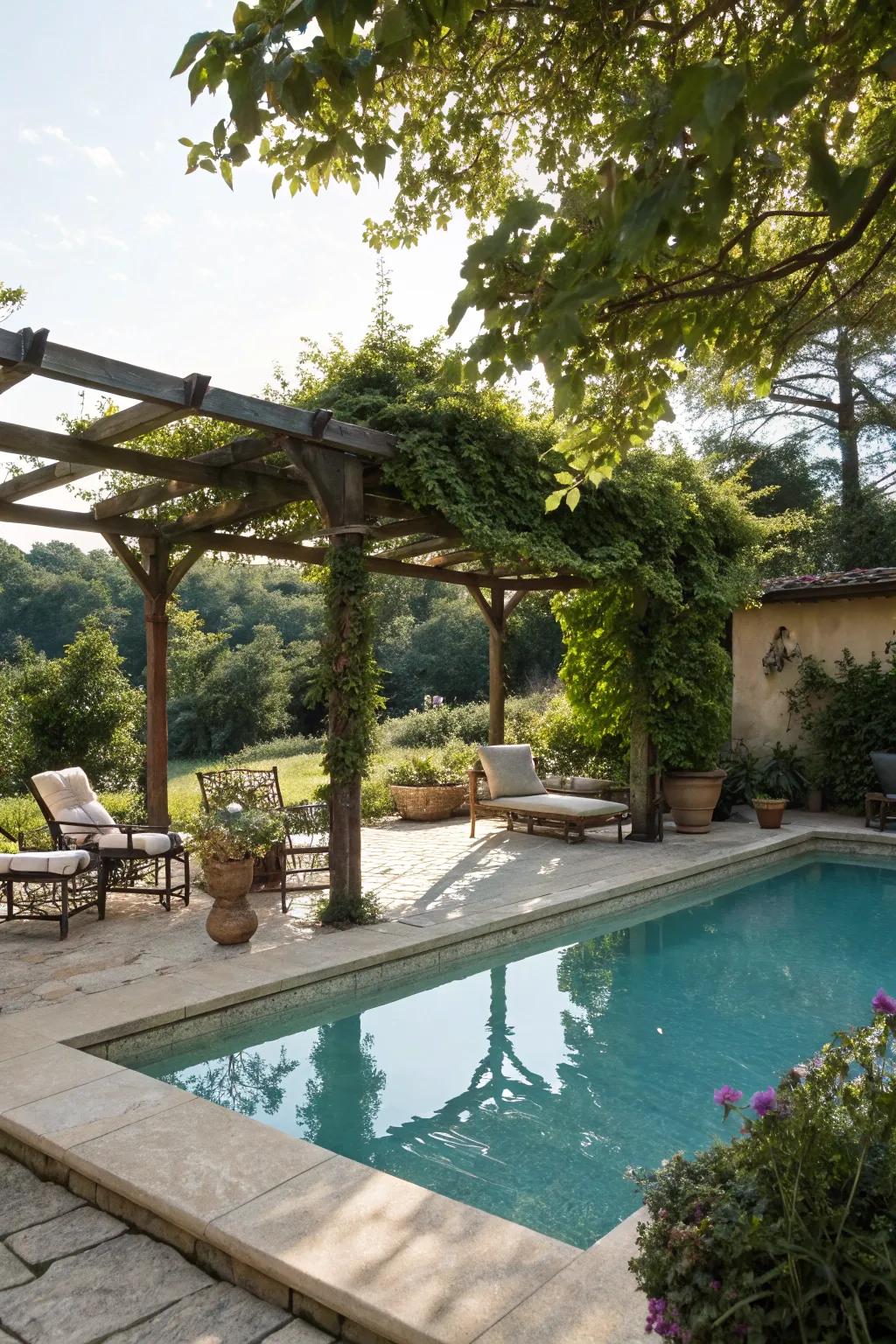 A cozy poolside nook enhanced with a pergola.