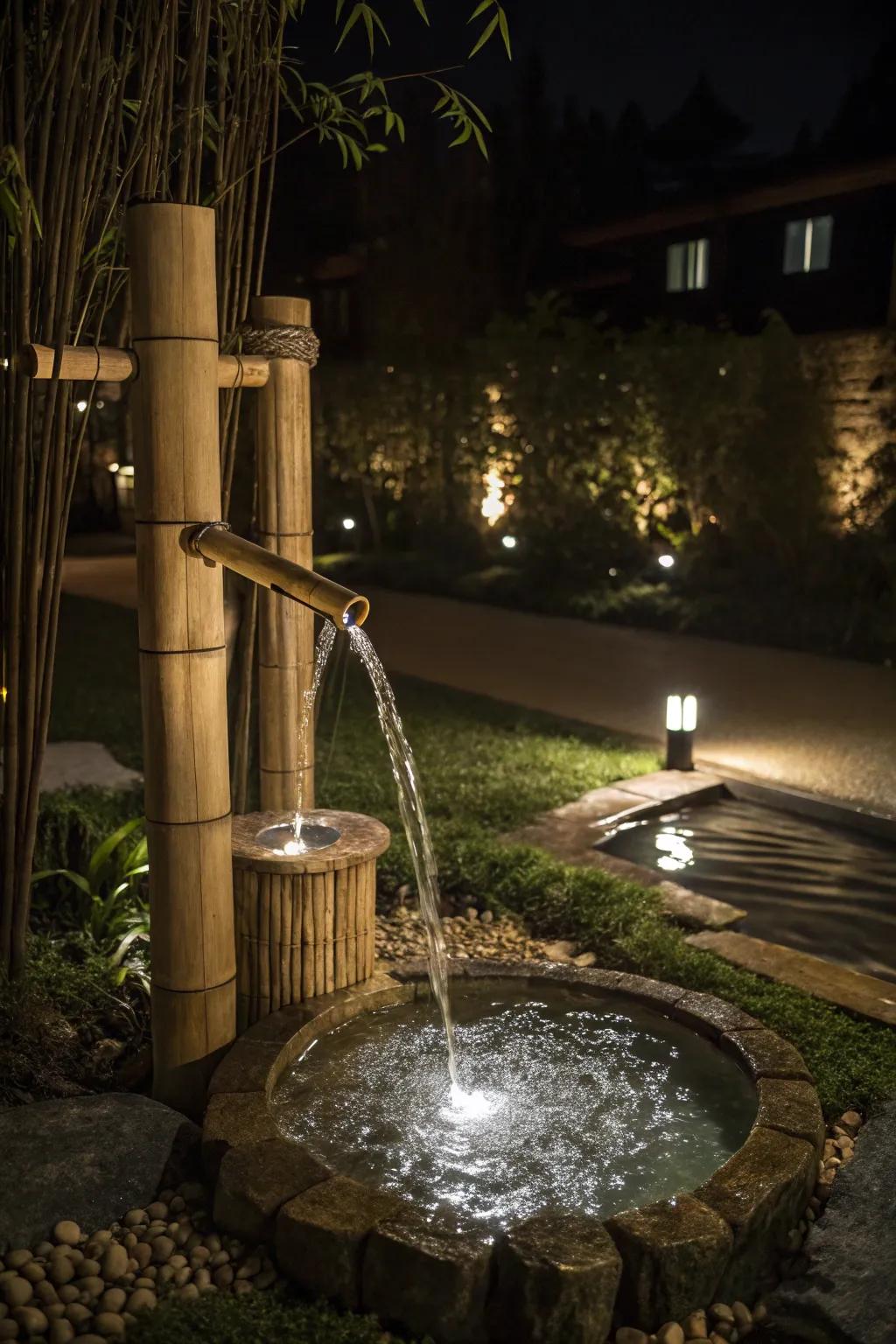 A bamboo fountain aglow with lights in the evening.