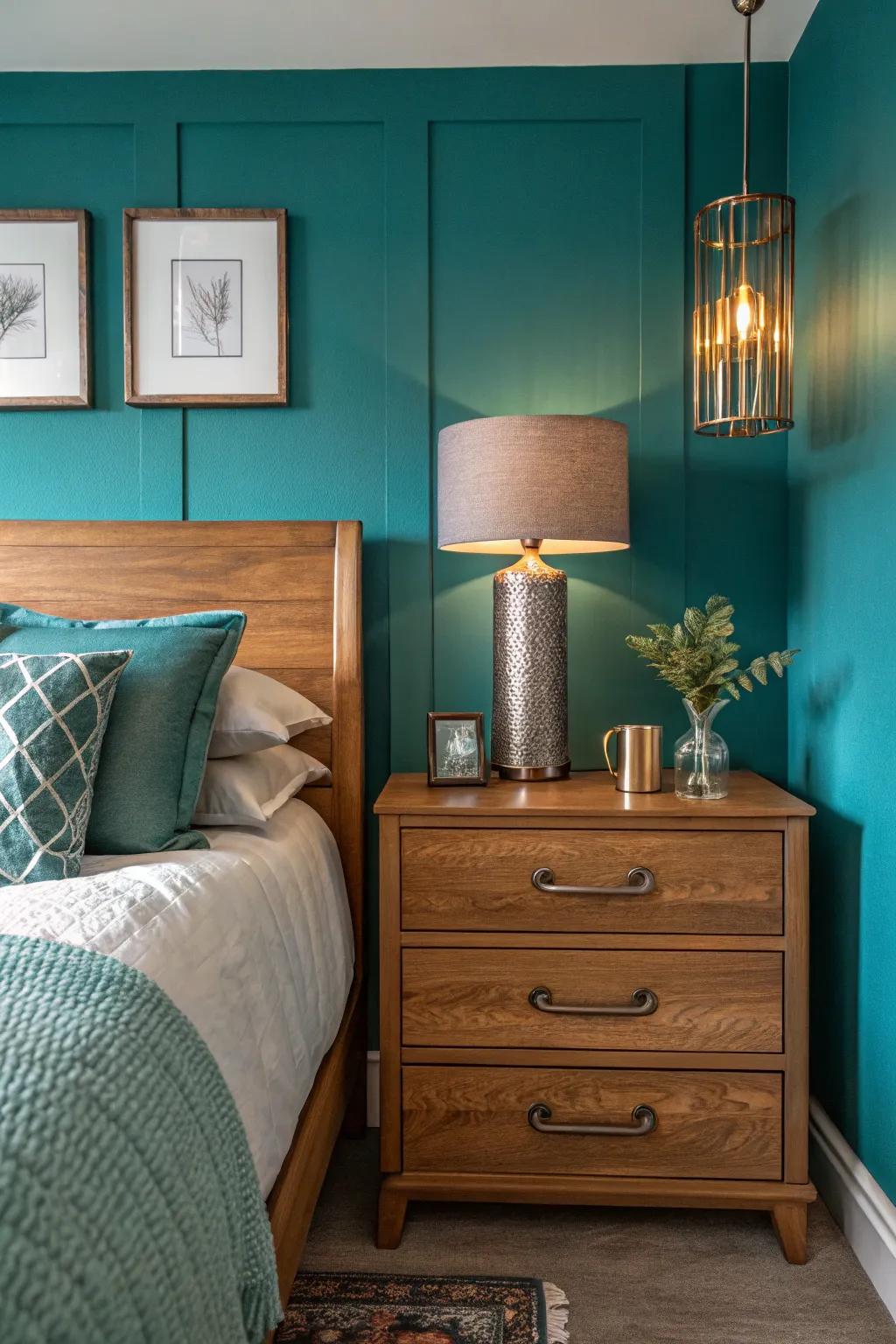 Cooling teals offer a refreshing contrast in sunlit bedrooms.