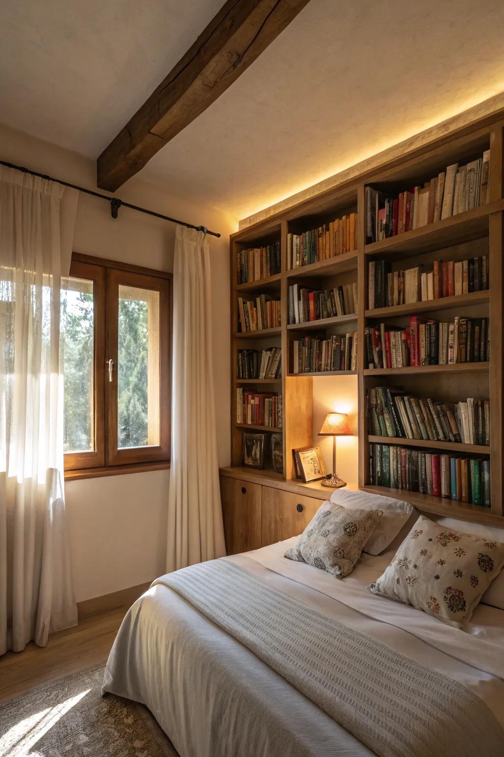 Built-in bookcases create a cozy library feel.