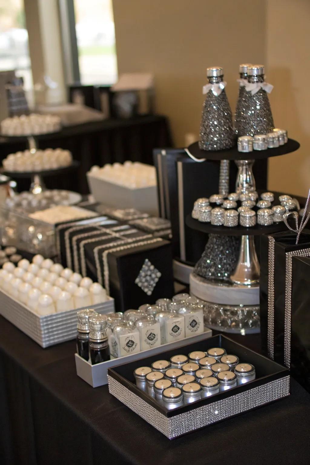 Thoughtful party favors in a stylish black and silver theme.