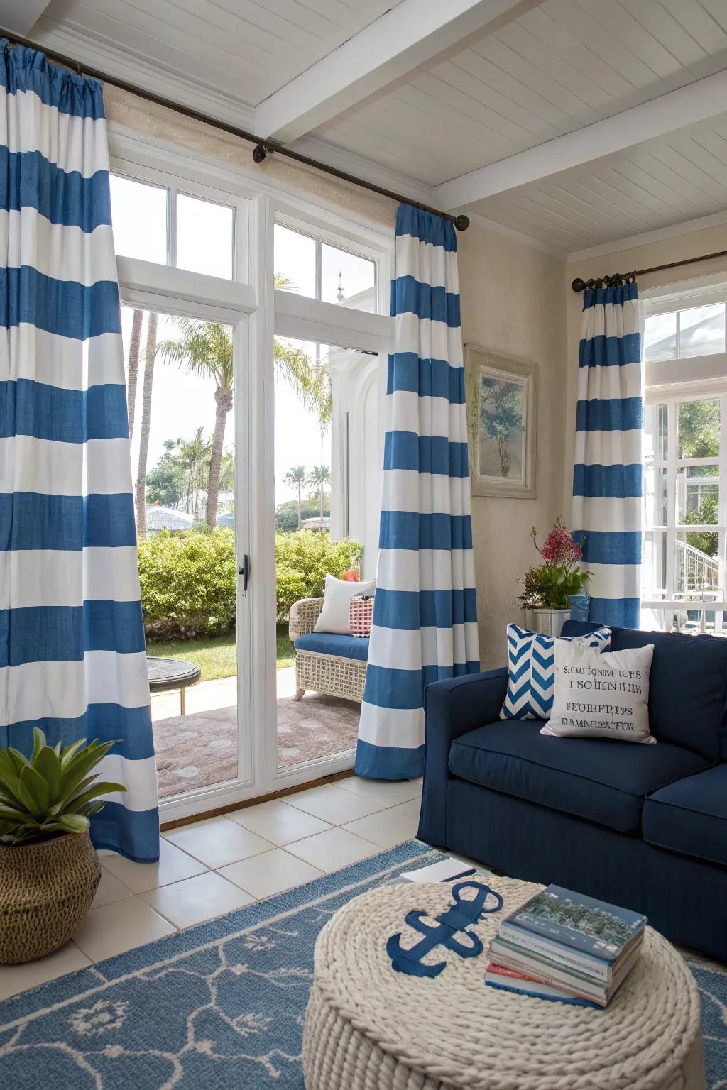 Blue stripes bring a nautical charm to this bright and airy living room.