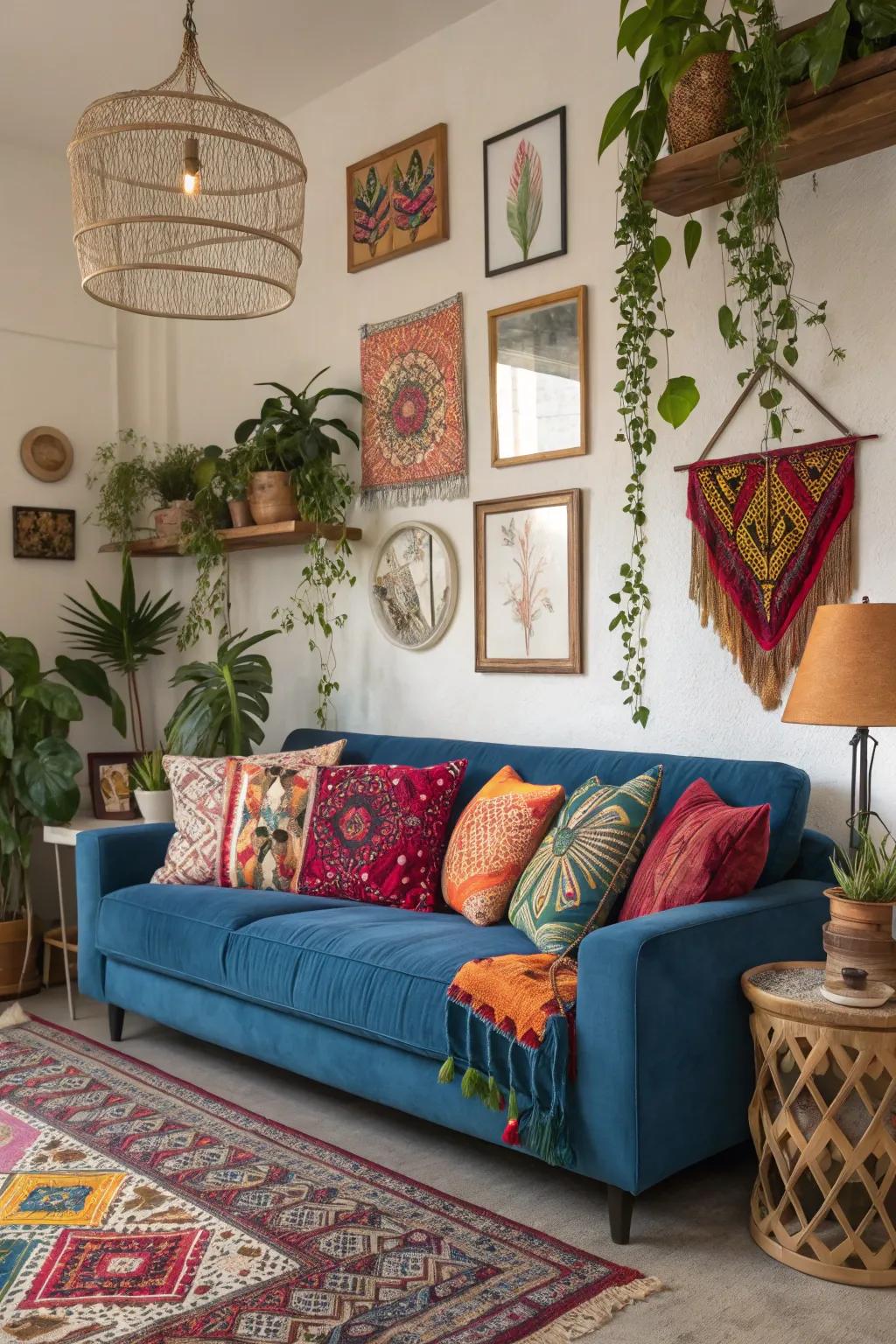 Bohemian details create a carefree feel around a blue settee.