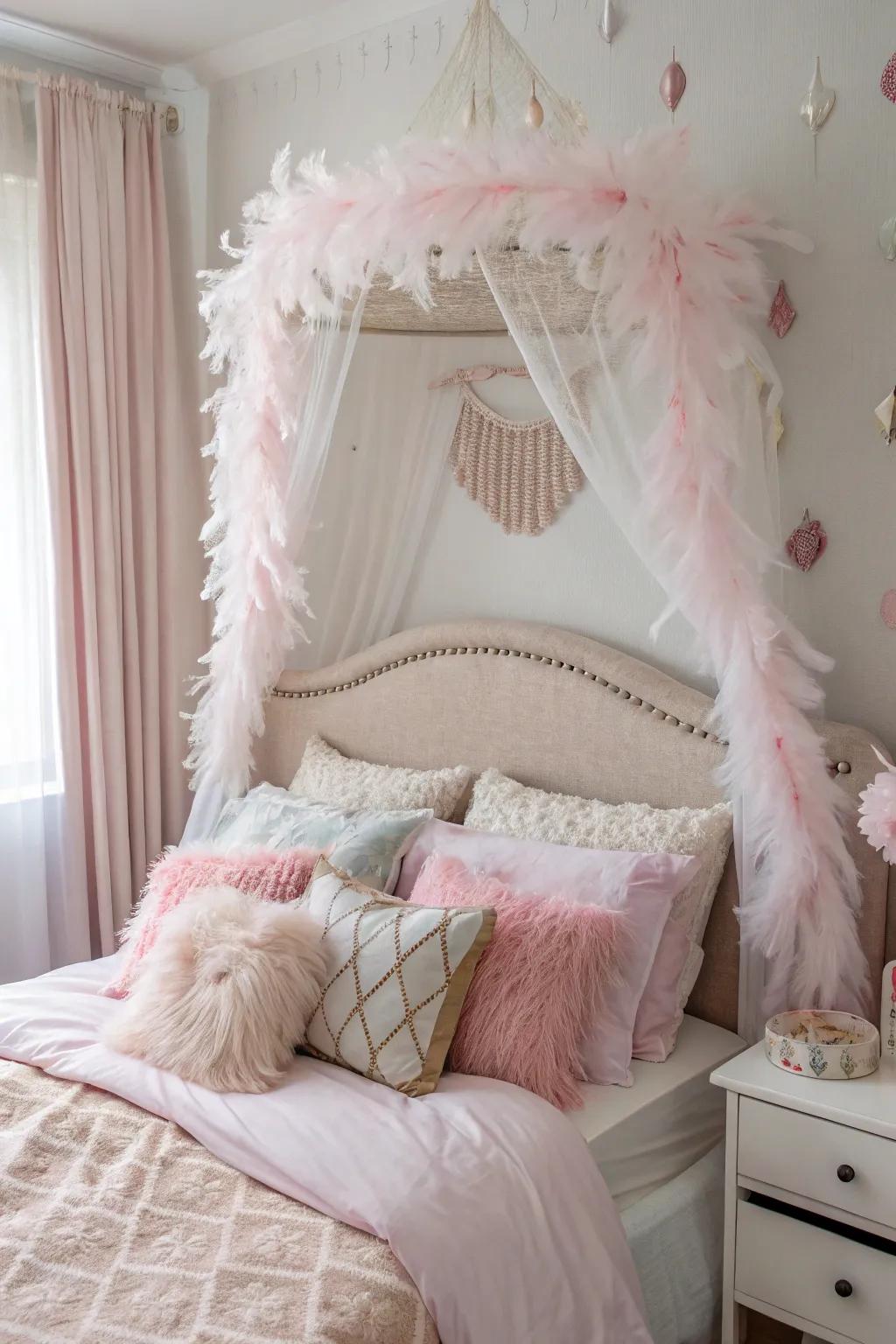 Feathers add an ethereal touch to this boho headboard.