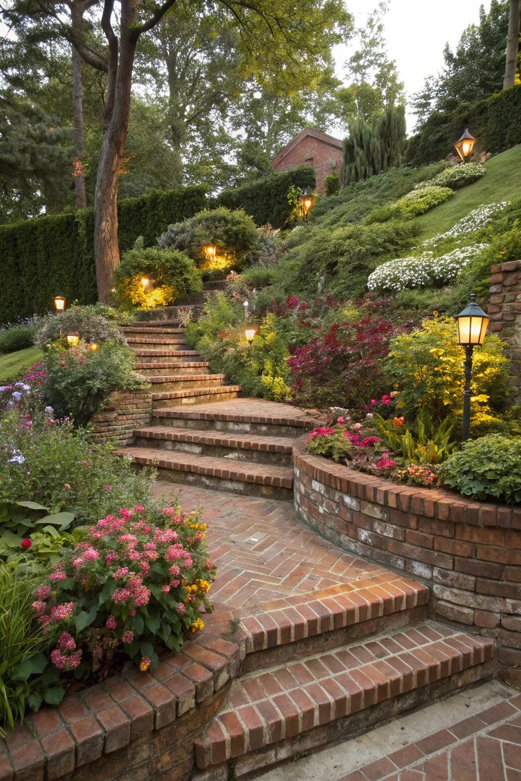 Brick steps provide elegant transitions between different garden levels.