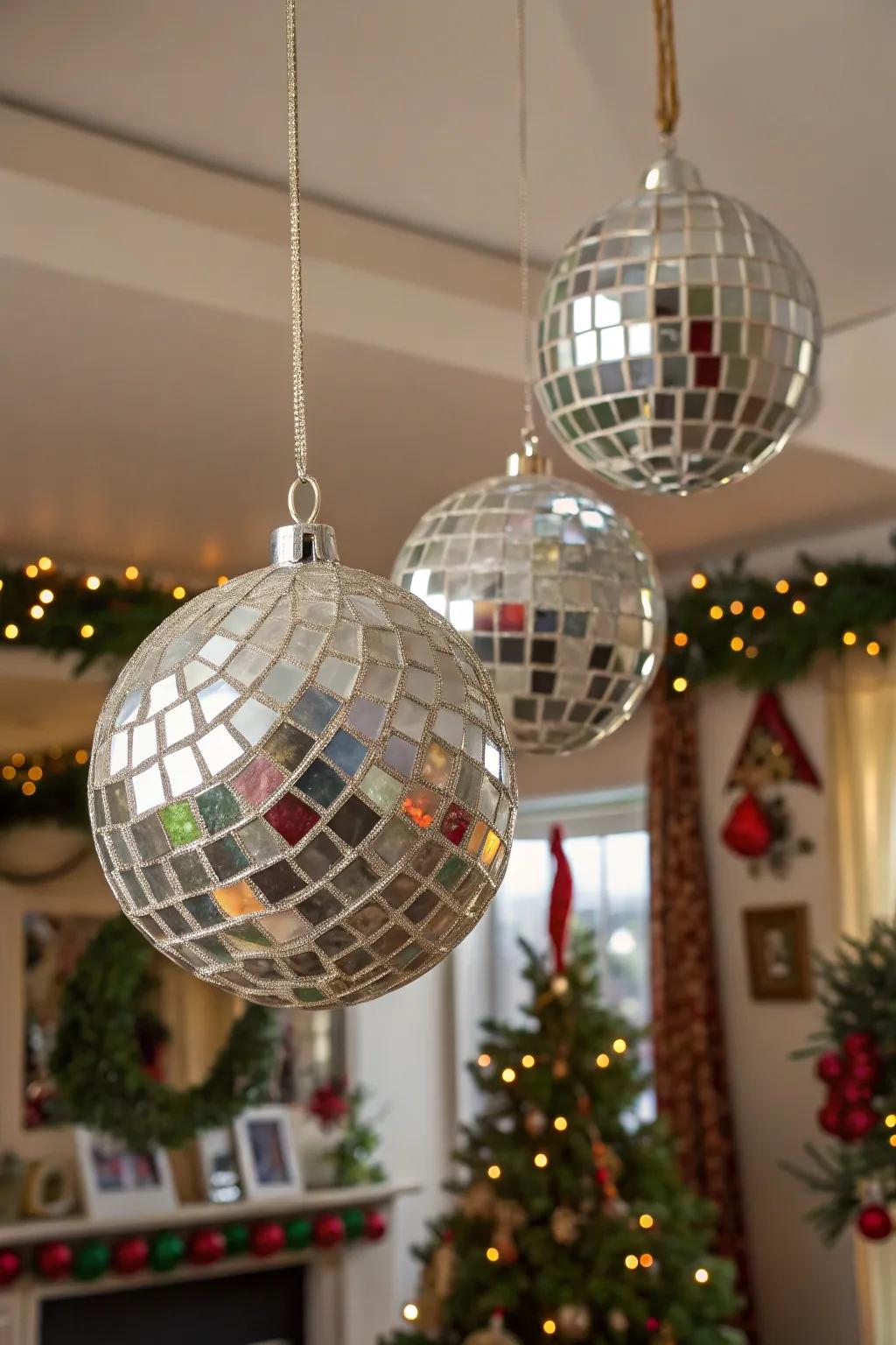 Hanging mirror ornaments add sparkle to your decor.