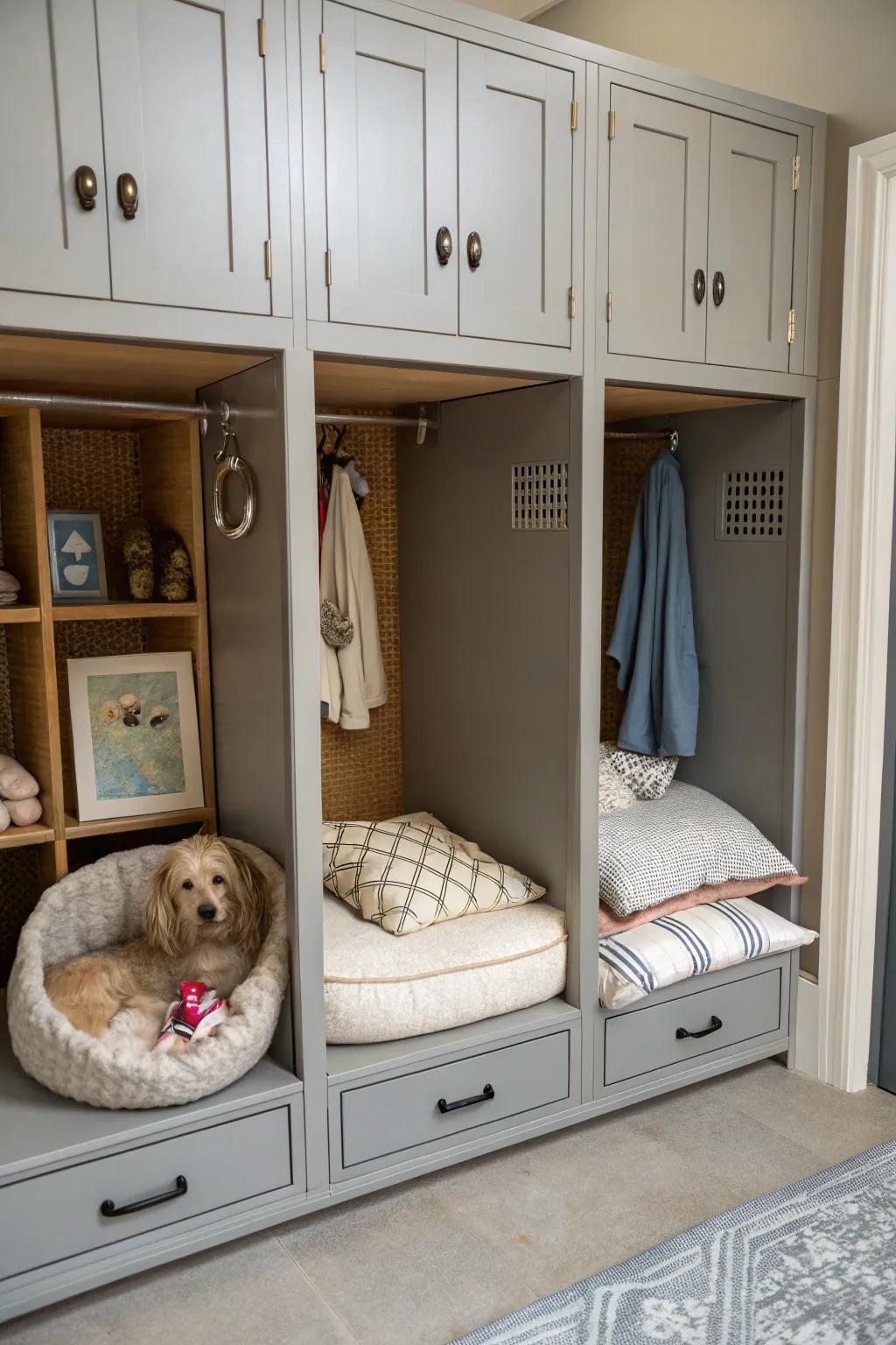 Built-in lockers with a cozy nook for pets.