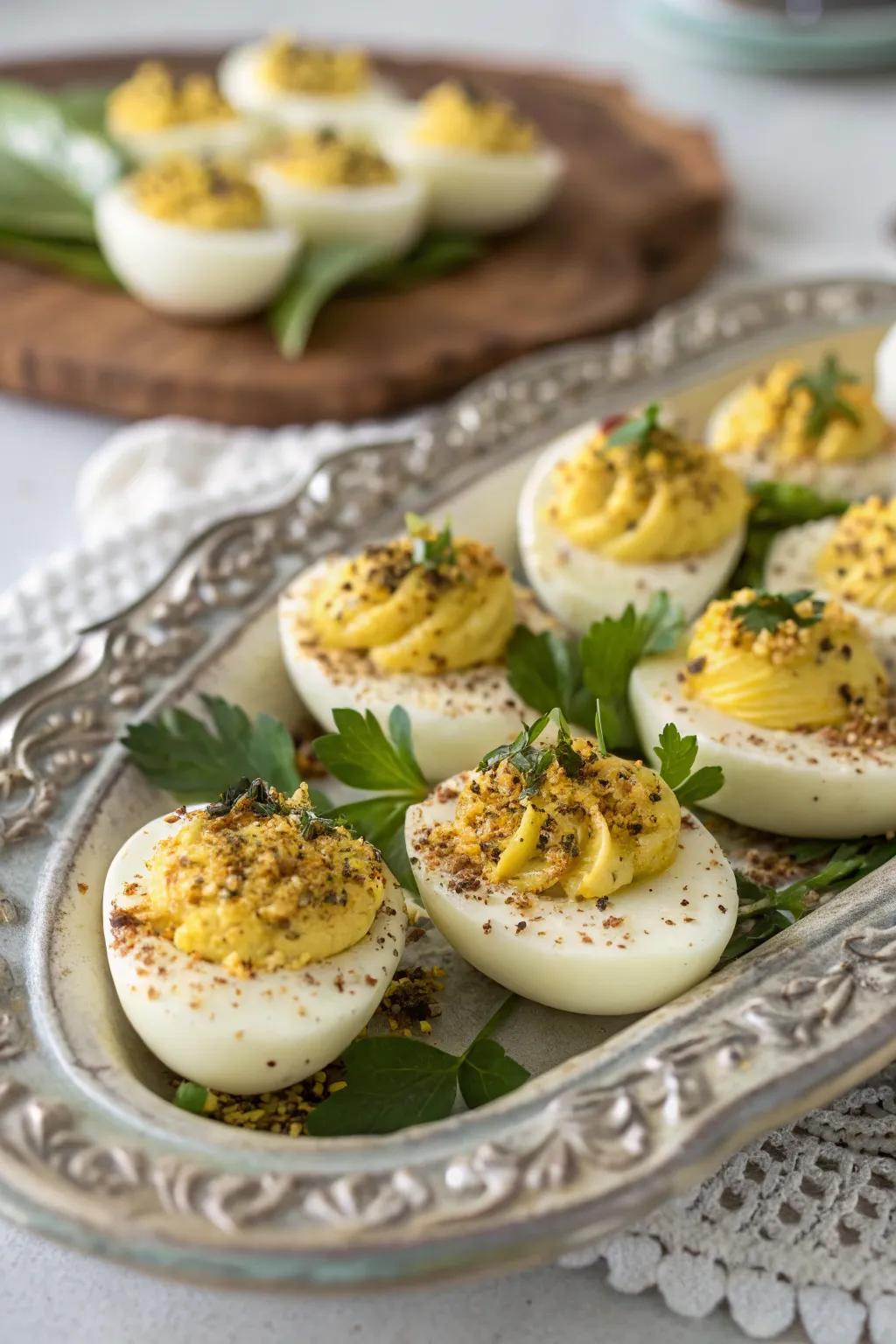 Bee-themed deviled eggs for a unique twist.