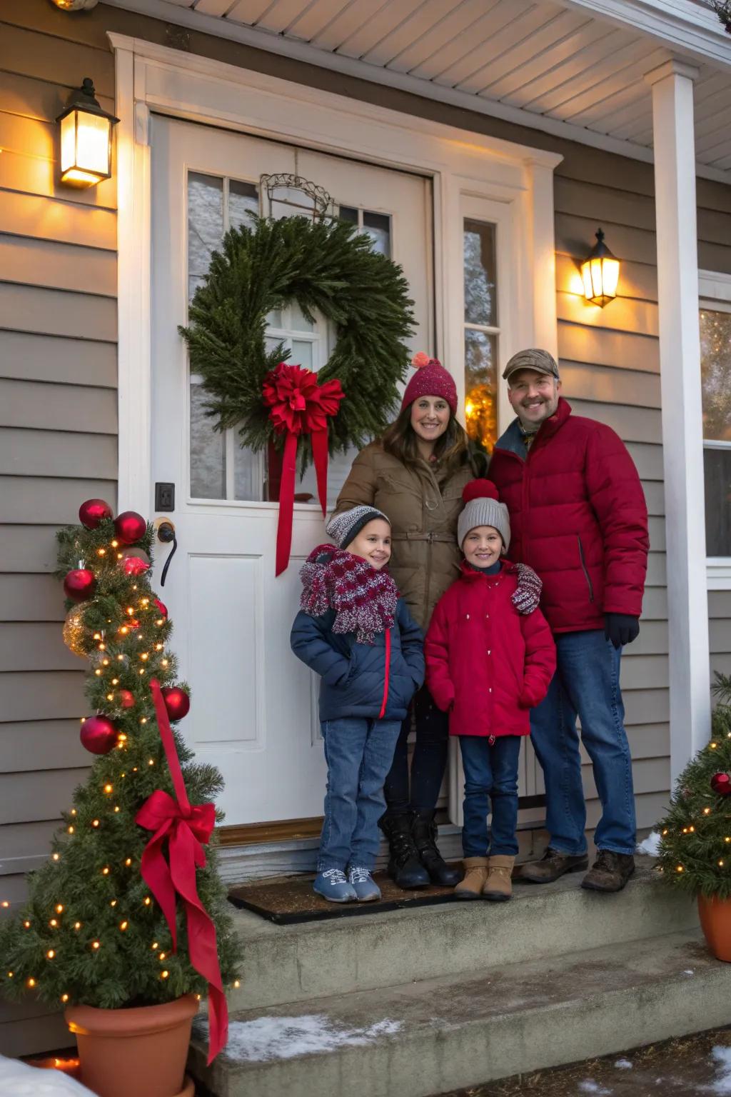 A festive doorstep sets the scene for a holiday portrait.