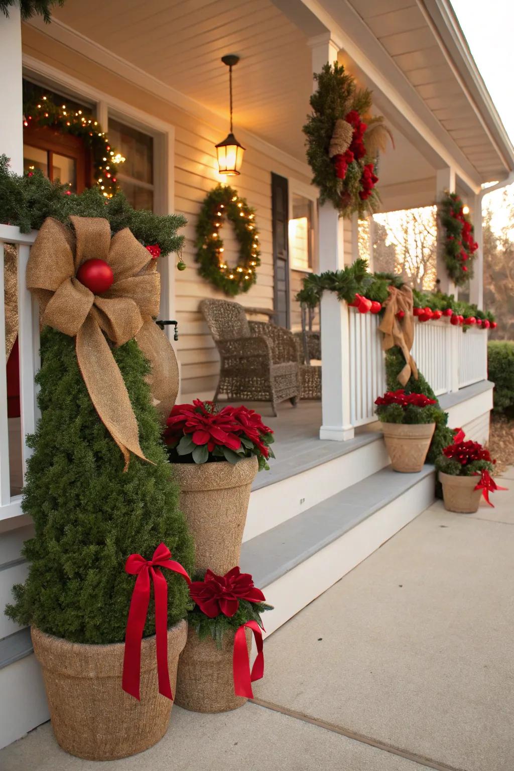 Burlap ribbons enhance rustic aesthetics.