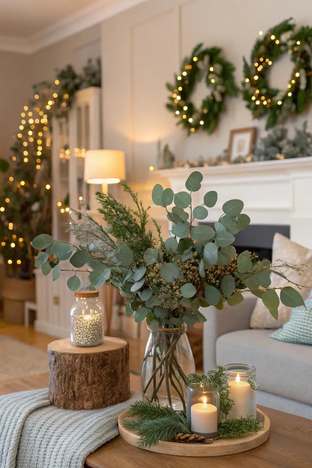 Polished eucalyptus with refreshing and serene ornamentation.