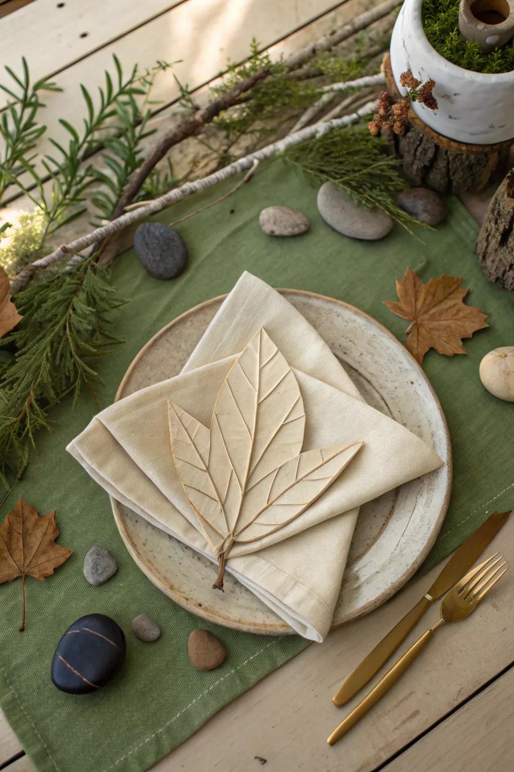 The foliage design napkin fold, bringing the charm of nature to your table.
