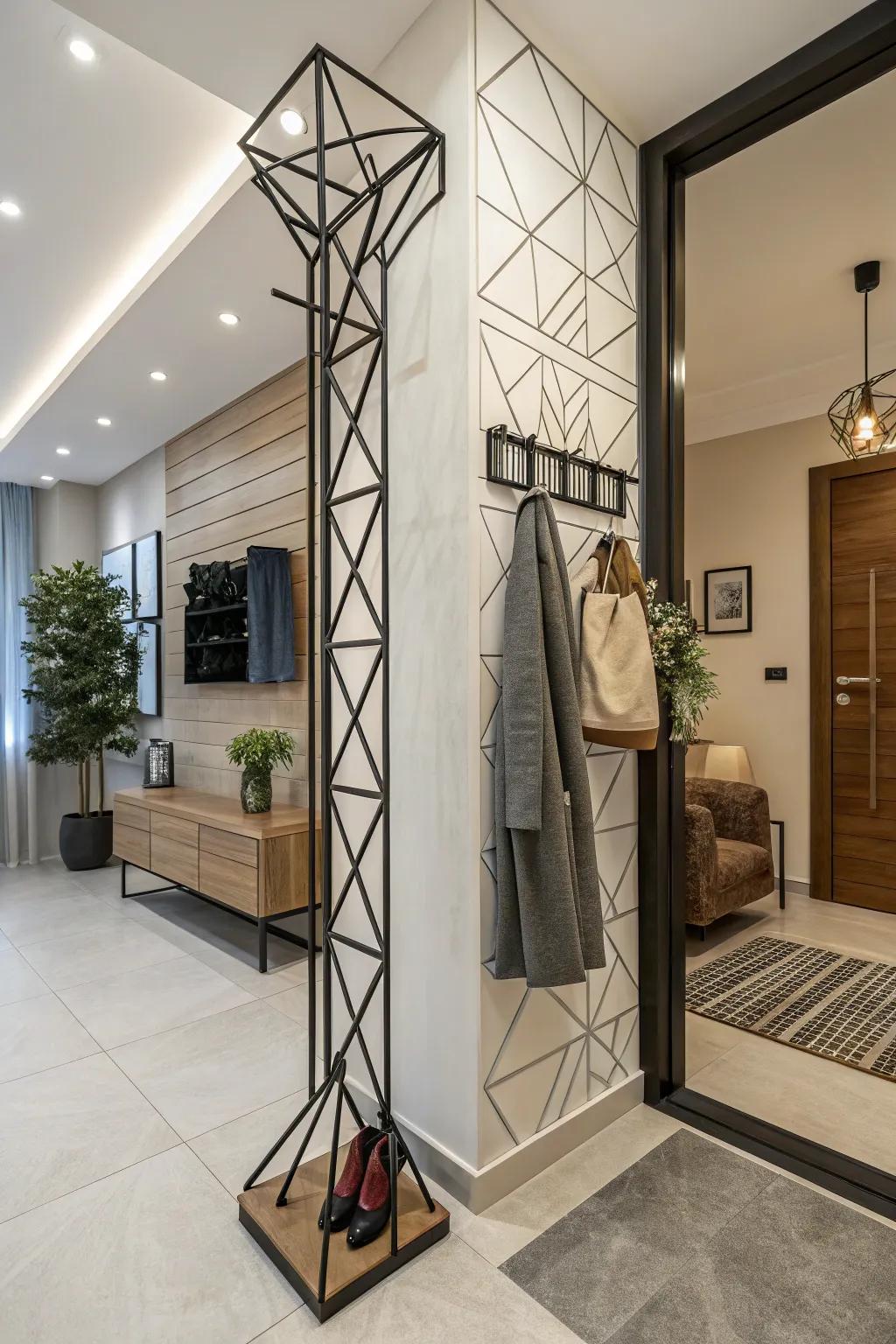 A coat rack showcasing geometric patterns for a modern and stylish aesthetic.
