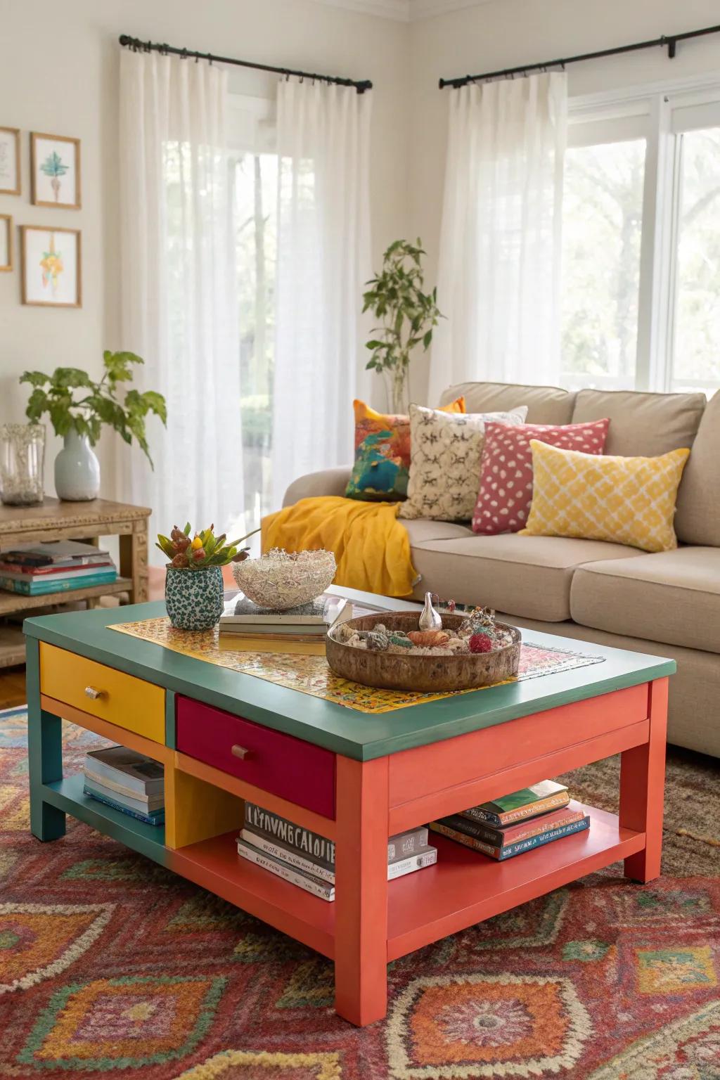 A colorful coffee table injects vibrancy and personality into a living room.