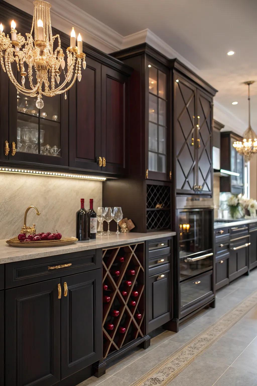 Dark cabinets complemented by wine hues for a bold and luxurious kitchen ambiance.