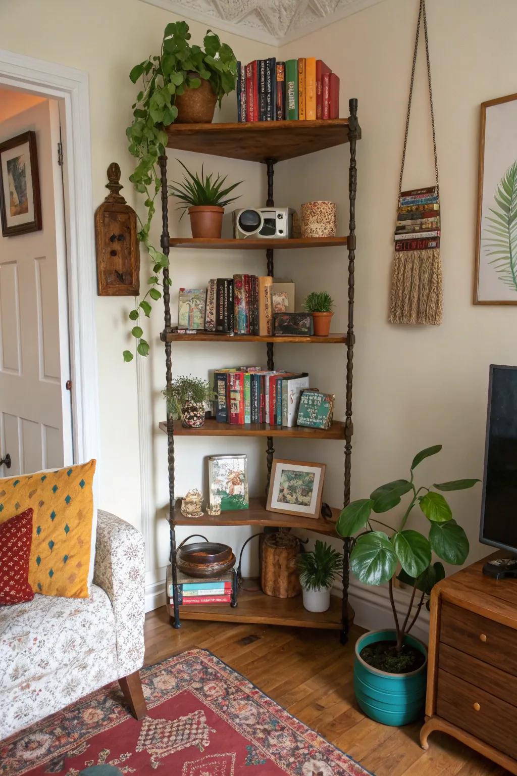 Vintage-style shelves add character and charm.