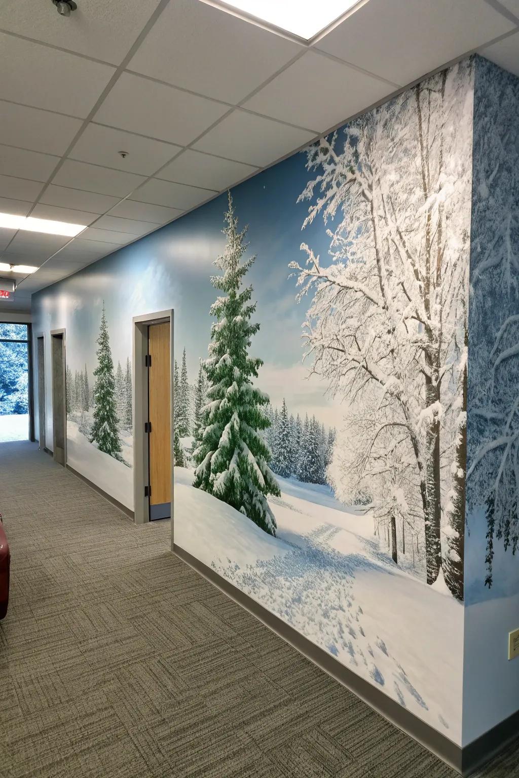 A winter wonderland mural transforms office walls into a festive scene.