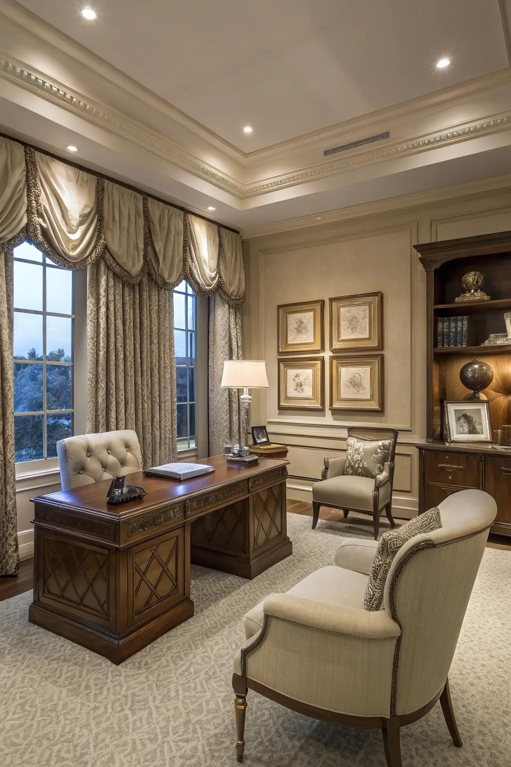 Incorporate structure and elegance through tailored pleat valances within your study.