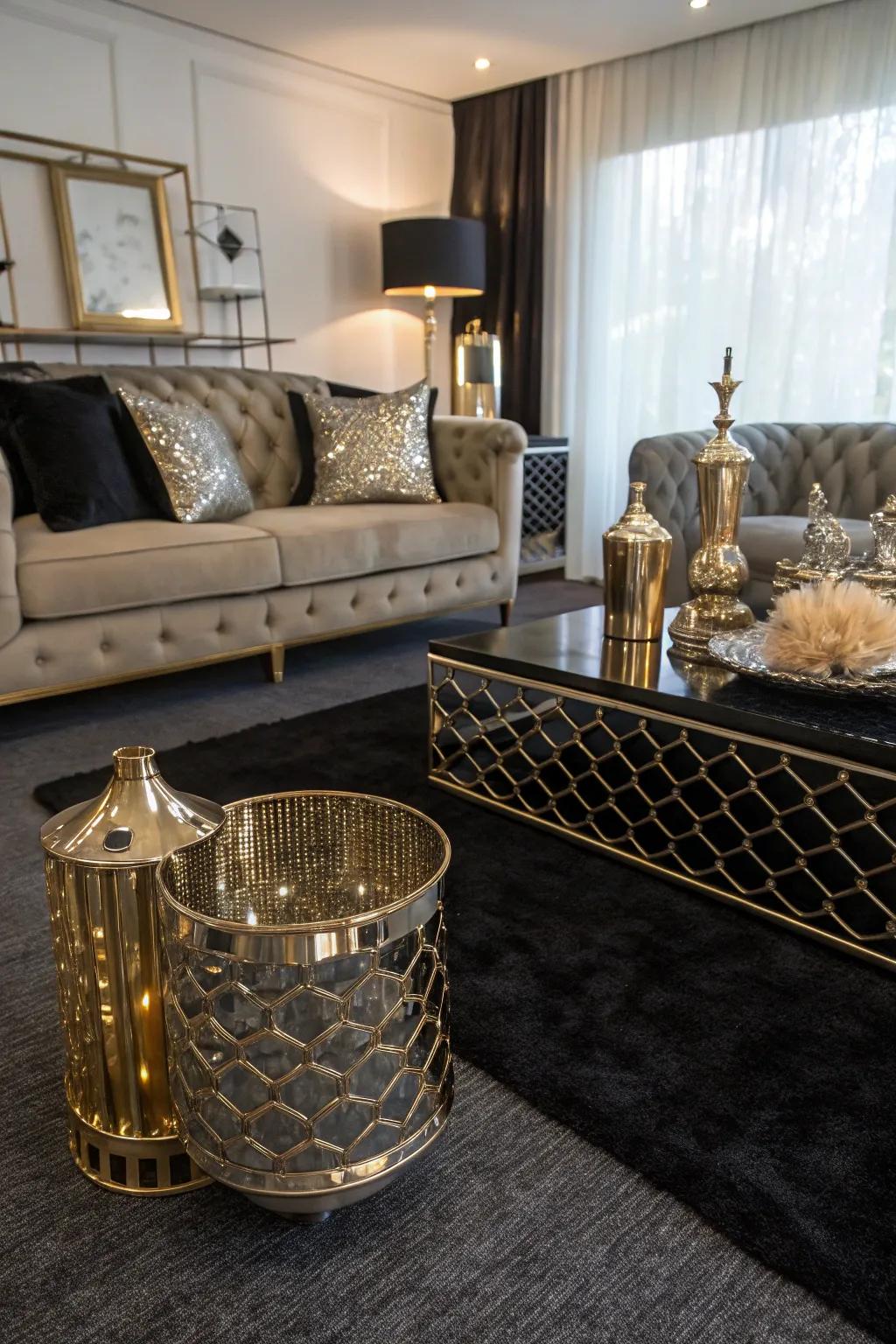 Metallic accents add a touch of glamour to a dark carpeted room.