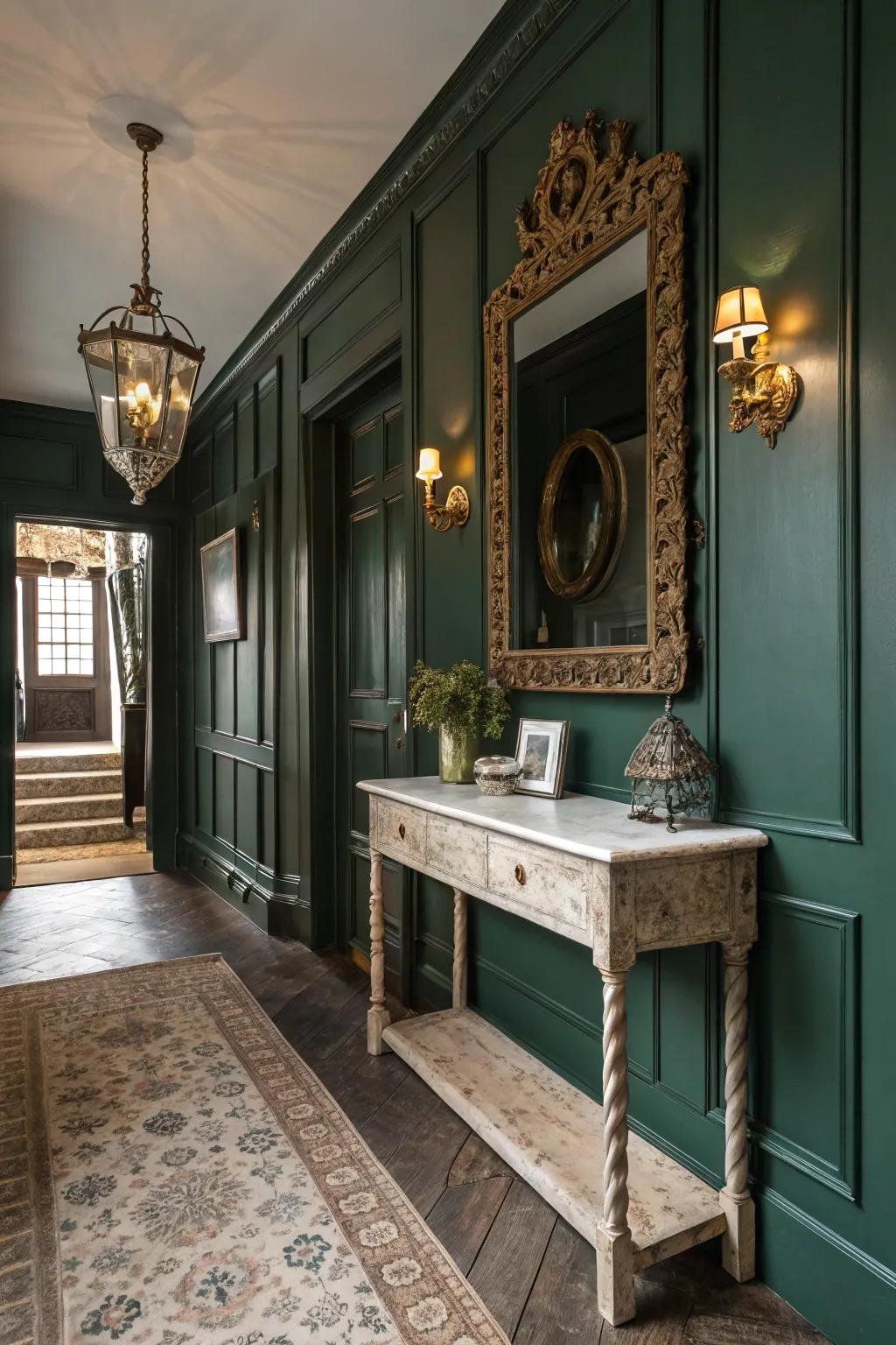 Reclaimed components bring charm to the forest green hallway.