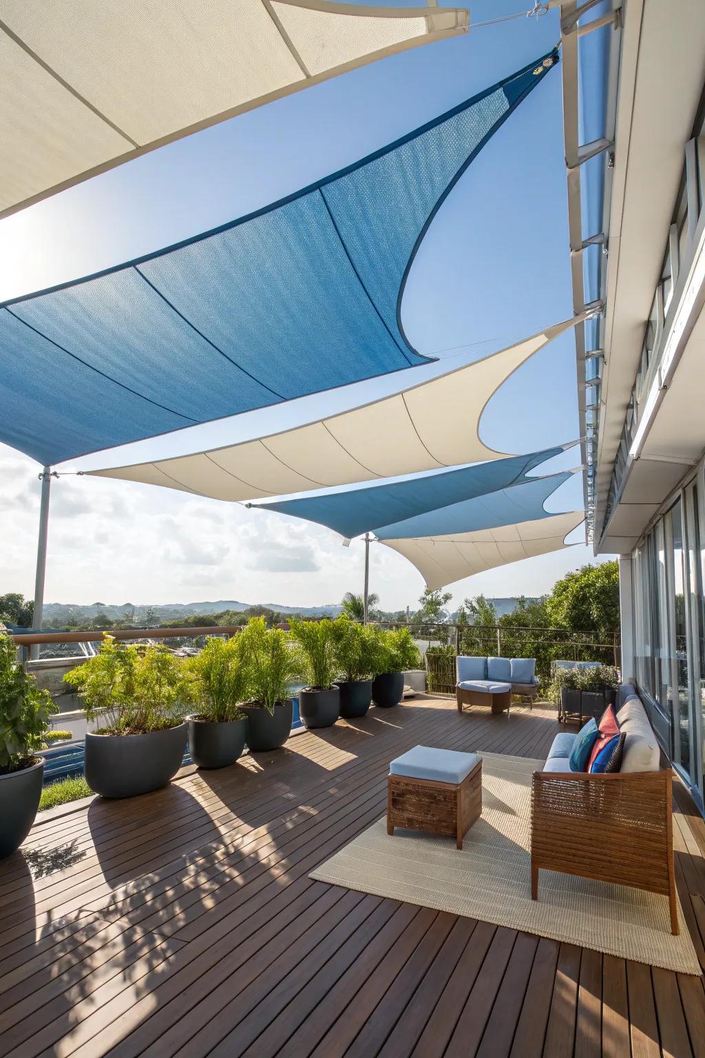 Shade sails add dynamic shapes and modern flair to your deck.