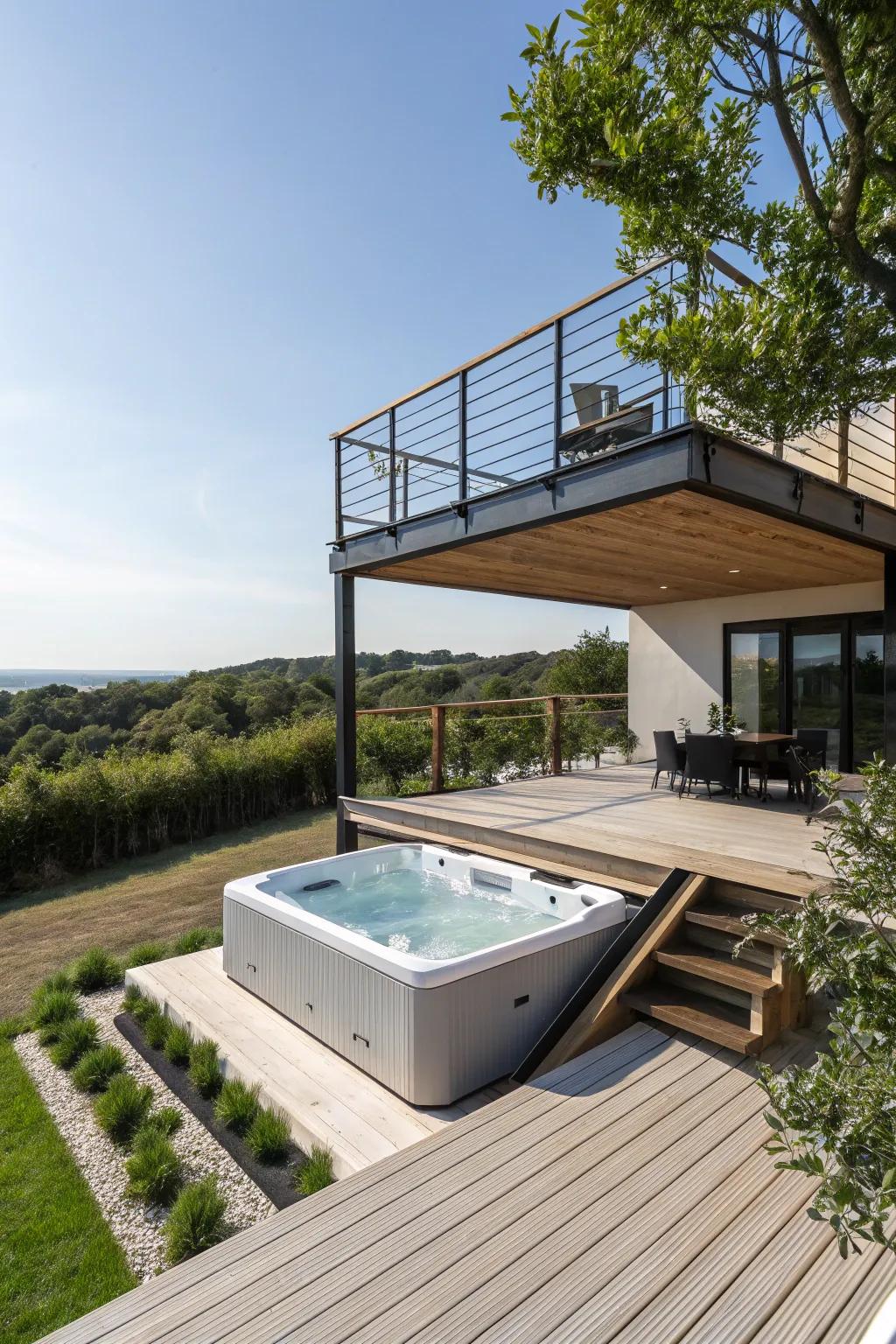 A floating deck adds intrigue and a modern touch to the hot tub design.