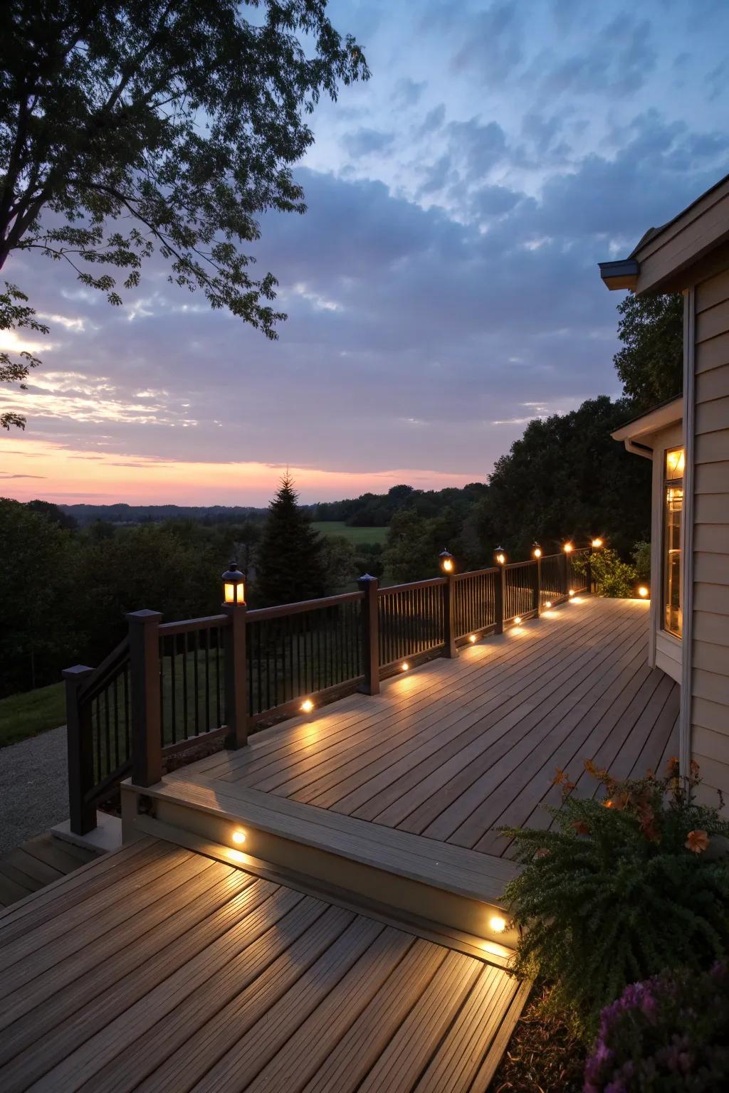 Recessed lighting casts a warm glow, enhancing the deck's ambiance.