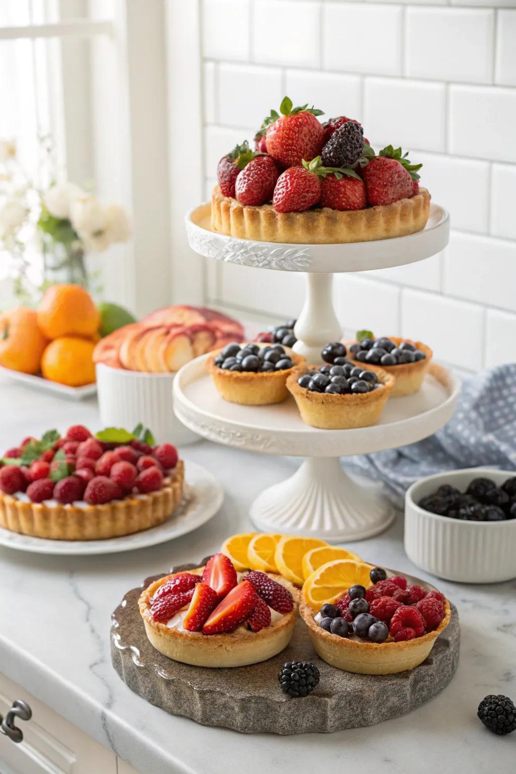 Fresh and vibrant seasonal fruit tarts.