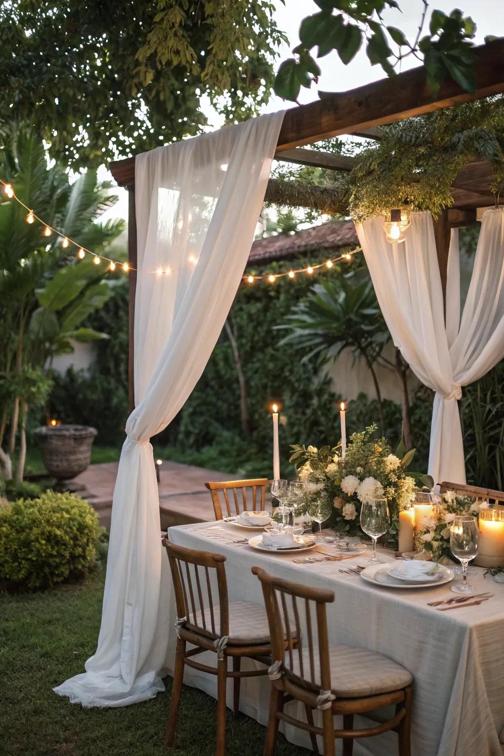 A ivory draped awning for a dreamlike, intimate dining affair.