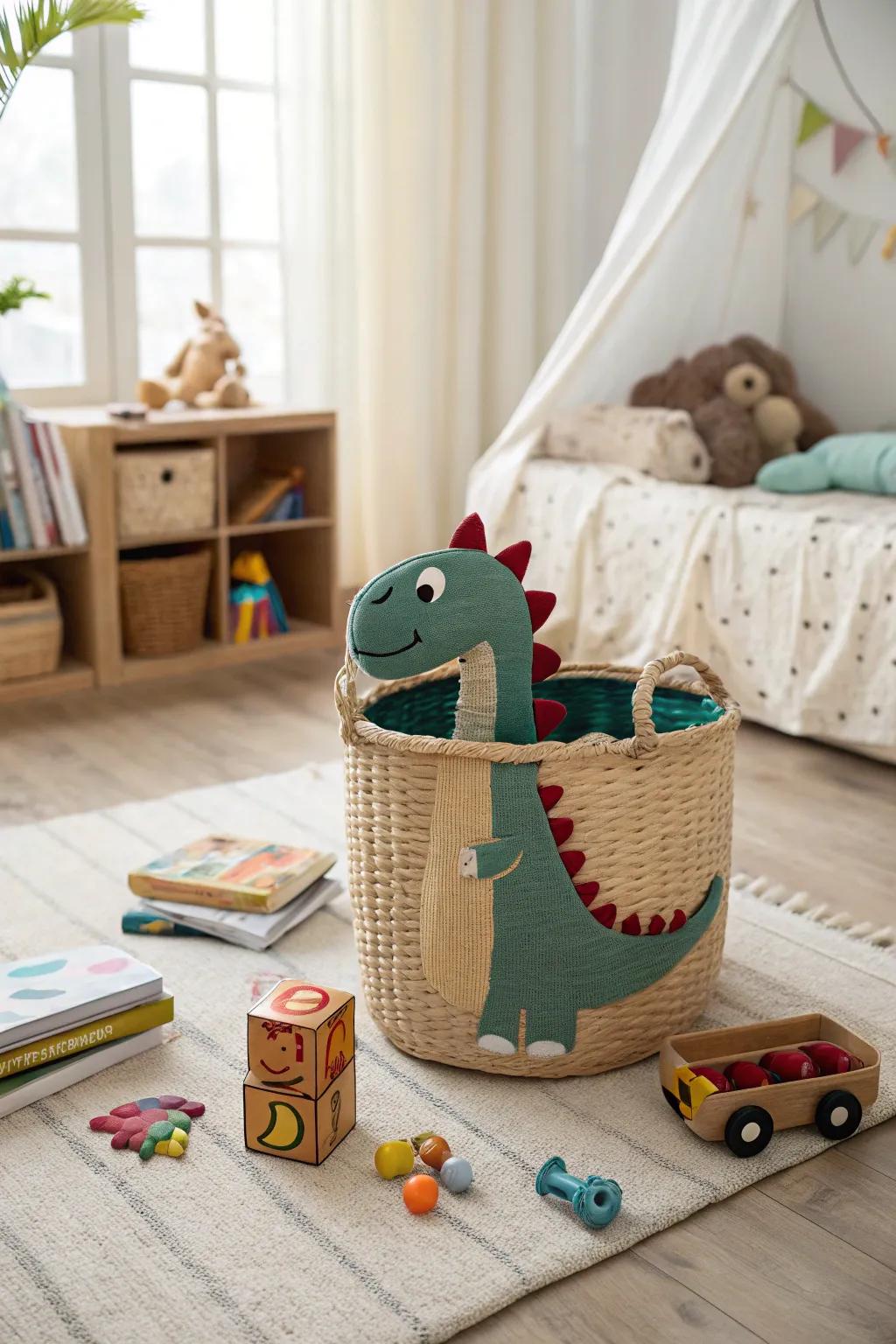 A woven dinosaur basket that combines storage with playful design.