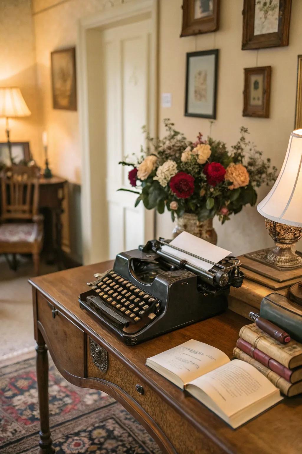 A room with an unexpected antique writing machine as a conversation piece.