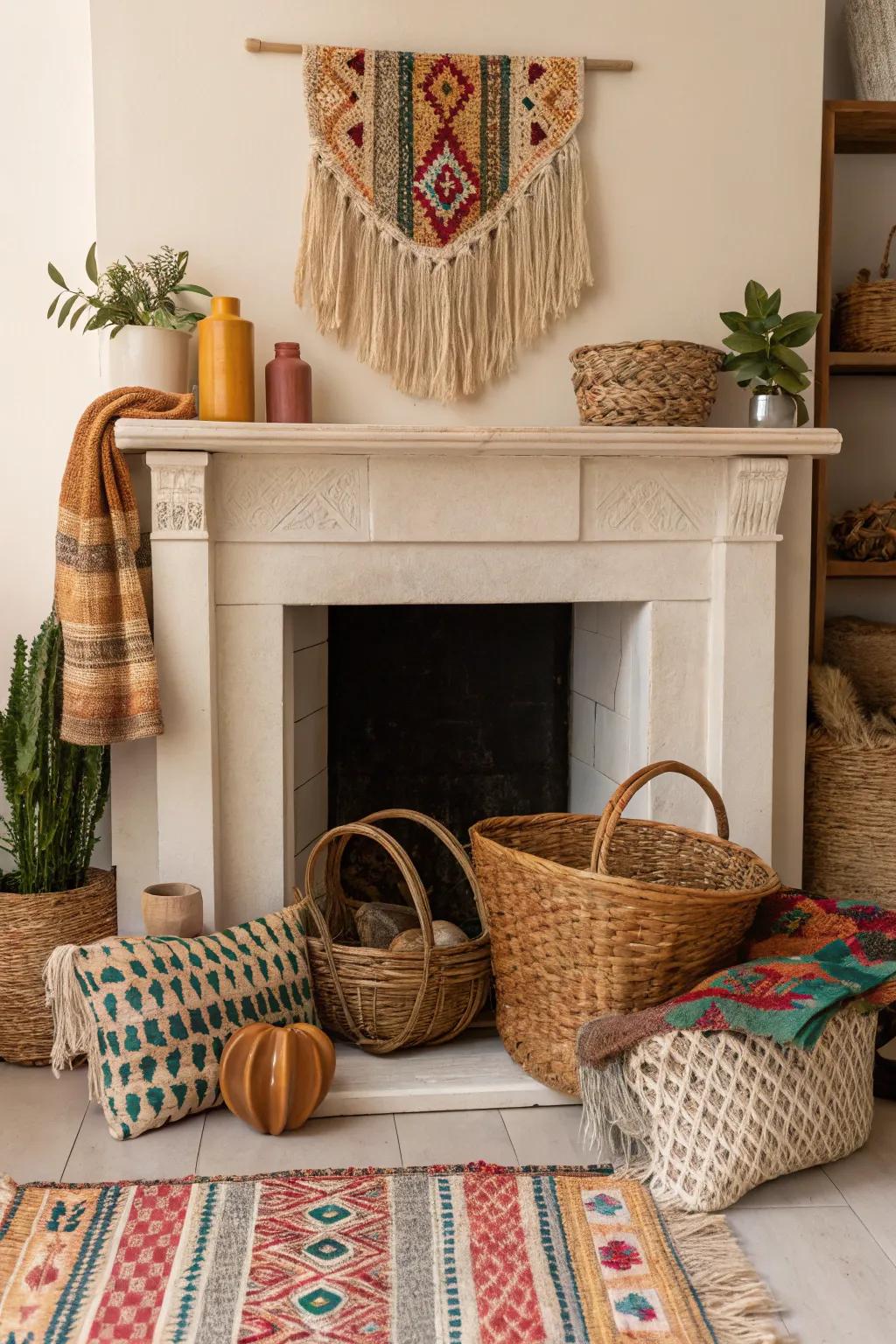 Create boho vibes with textiles in your fireplace.