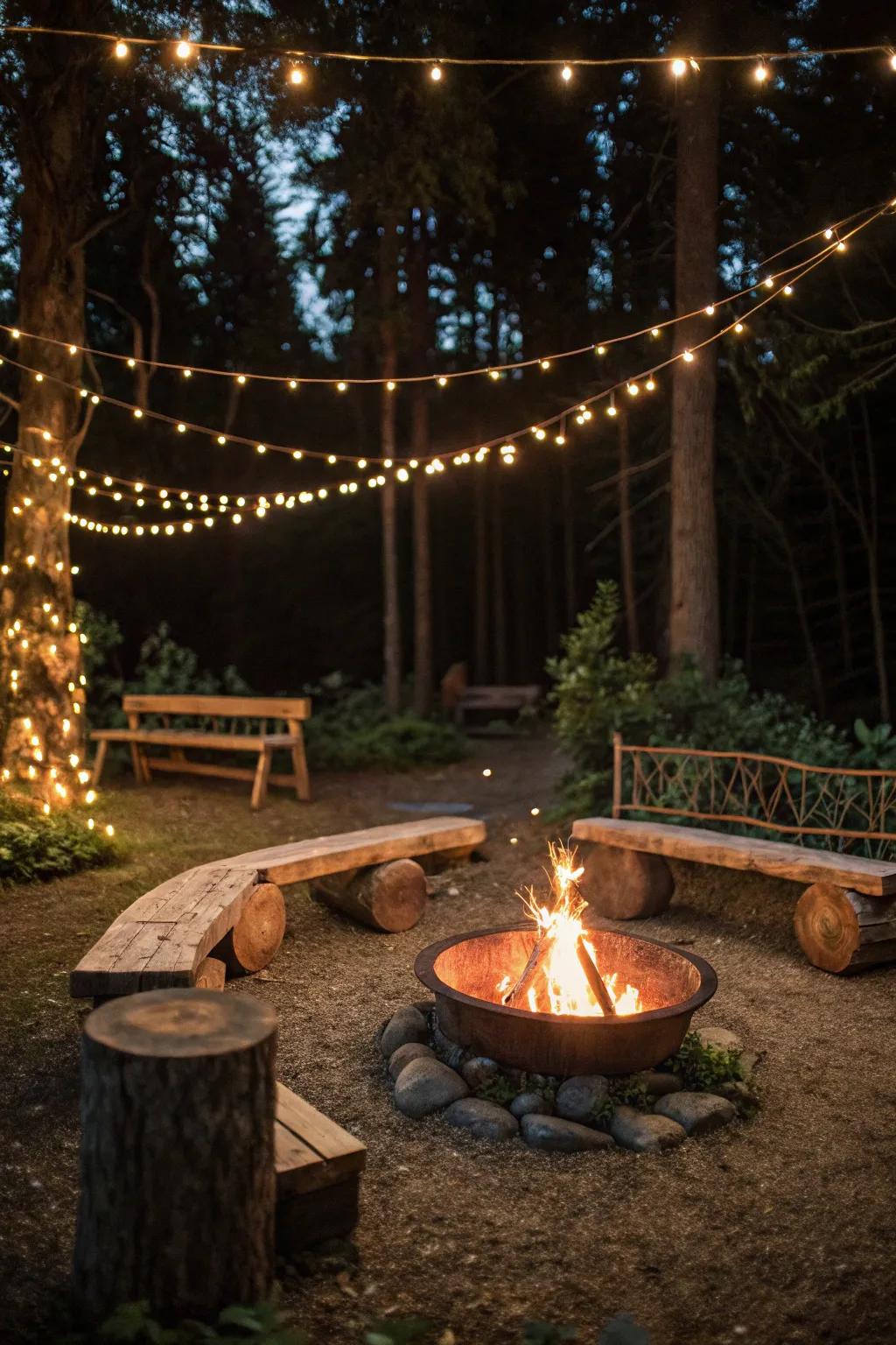 Fairy lights around a fire pit enhance the cozy ambiance.