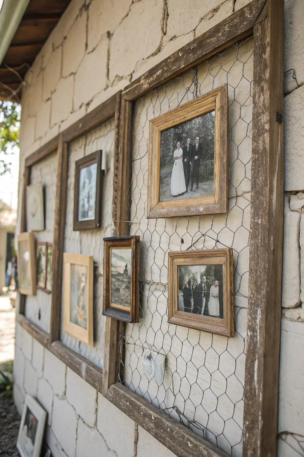 Rustic photo displays adding personal warmth to the decor.