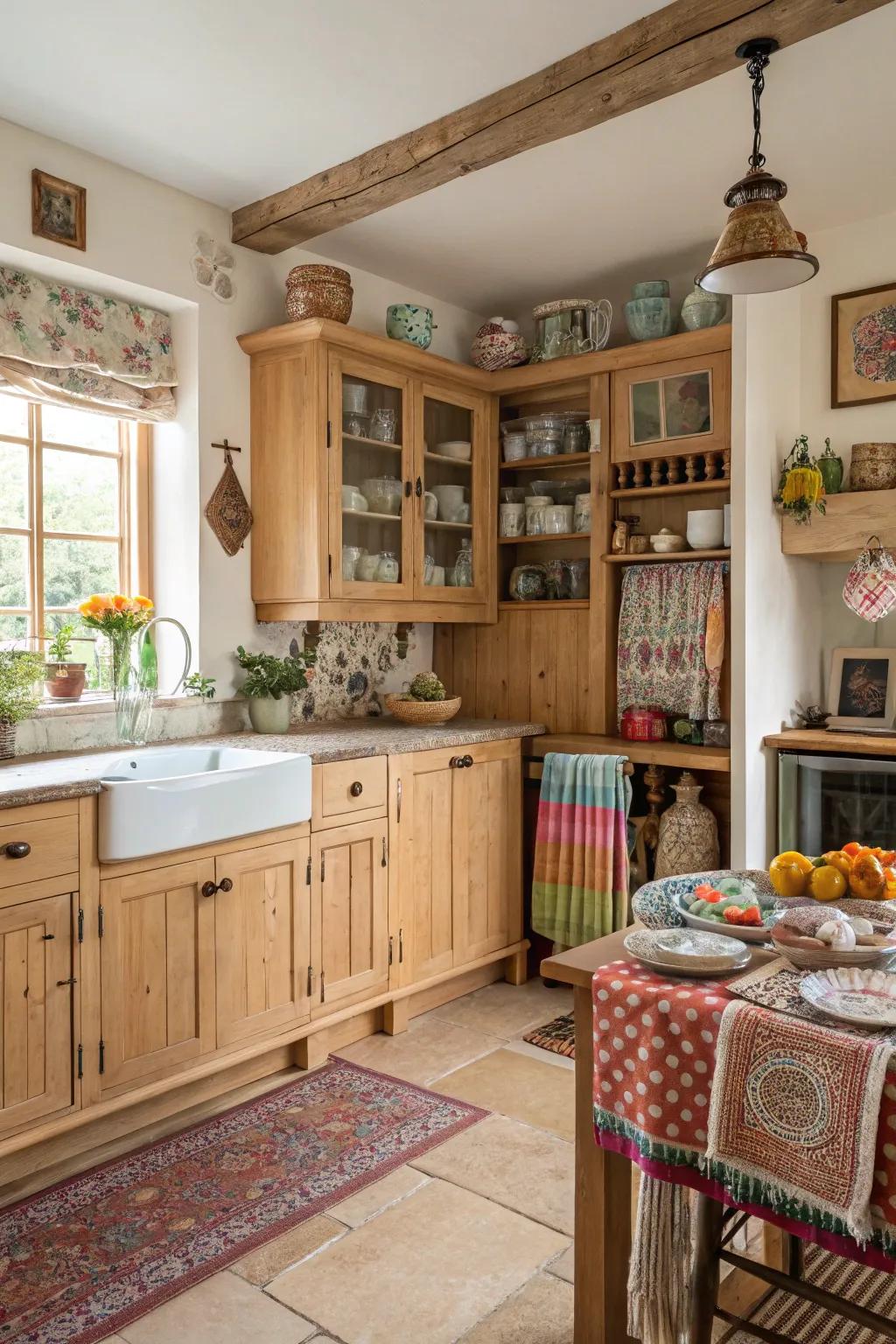 Varied decor adds individuality to a kitchen designed with light wood cabinets.