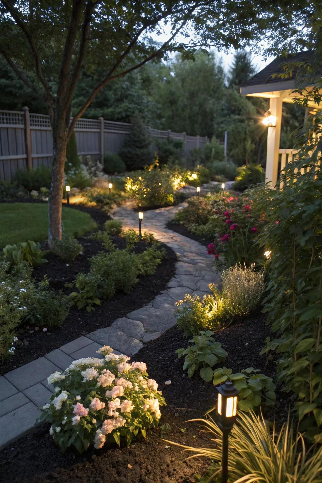 Lighting and mulch create a magical nighttime garden.